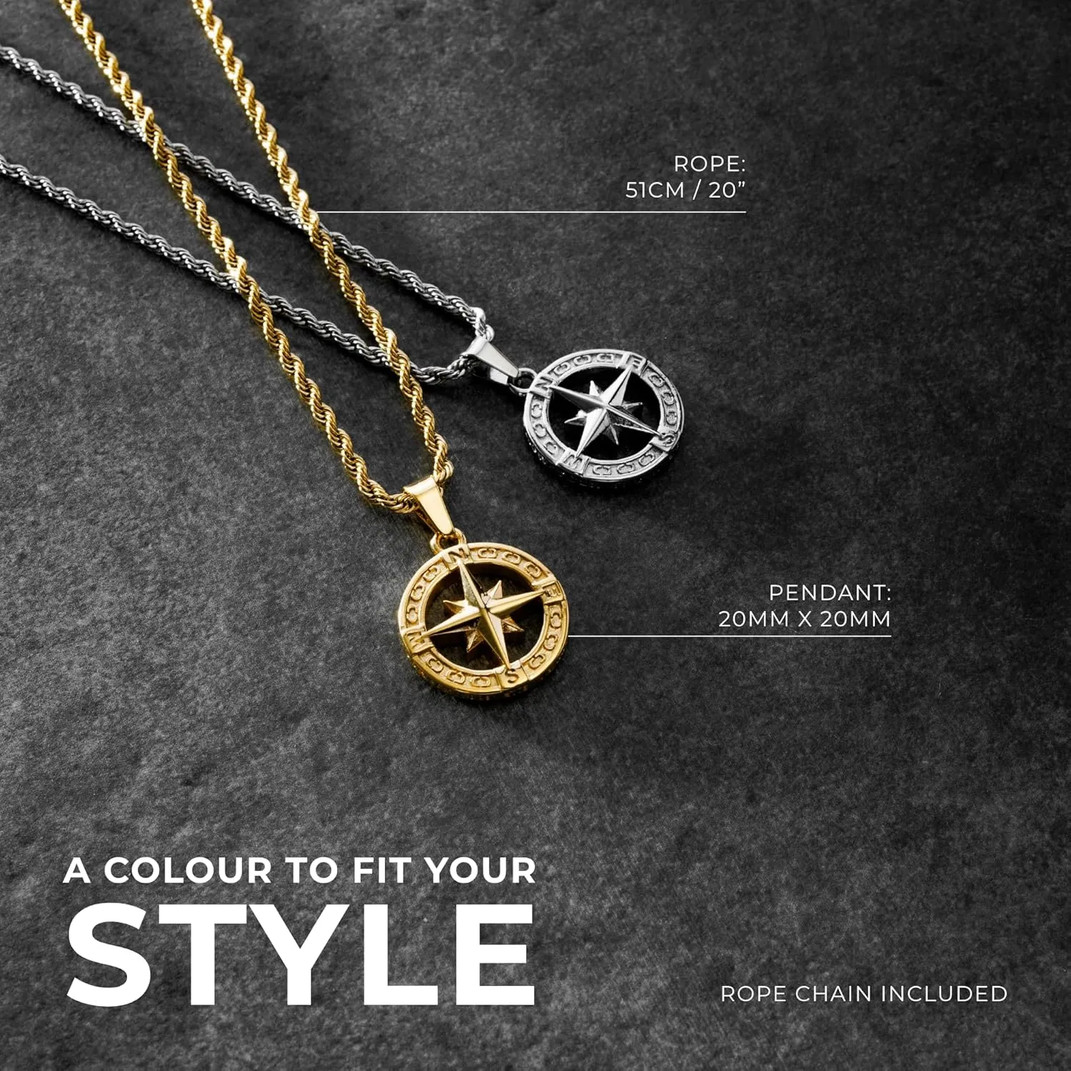 | North Star Pendant Necklace | 20.5" Chain Link with 20MM x 20MM Pendant | Waterproof, Heat & Sweat Resistant | Gifts for Men | Men's Jewelry |