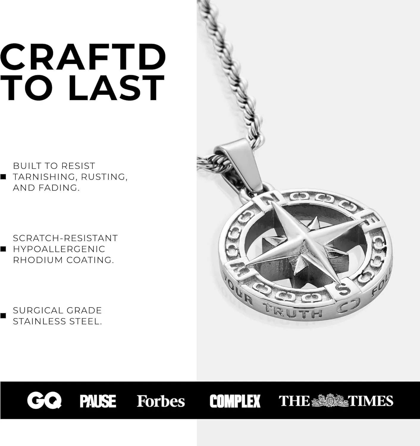 | North Star Pendant Necklace | 20.5" Chain Link with 20MM x 20MM Pendant | Waterproof, Heat & Sweat Resistant | Gifts for Men | Men's Jewelry |