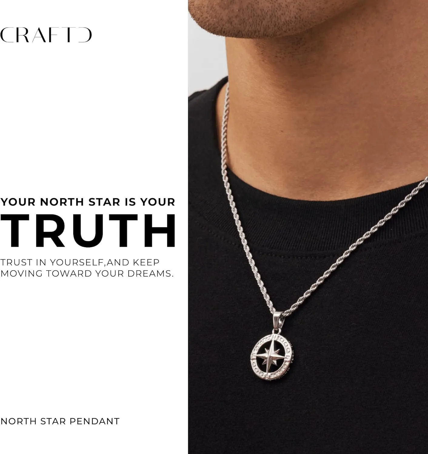 | North Star Pendant Necklace | 20.5" Chain Link with 20MM x 20MM Pendant | Waterproof, Heat & Sweat Resistant | Gifts for Men | Men's Jewelry |