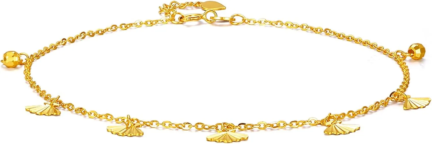 18K Gold Anklet Shell Charm Anklets Real Gold Beads Link Chain Ankle Bracelet Beach Foot Jewelry for Women Ladies Mother Couples Lovers Birthday Aniversary 8.3-9.1Inch/21 2cm KH080885