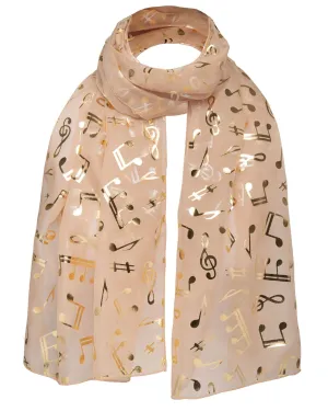 BasicSense Music Note Instrument Gold Foil Metallic Print Lightweight Scarf for Unisex Women Men Musical Group Performance Concert Church School Choir Beige