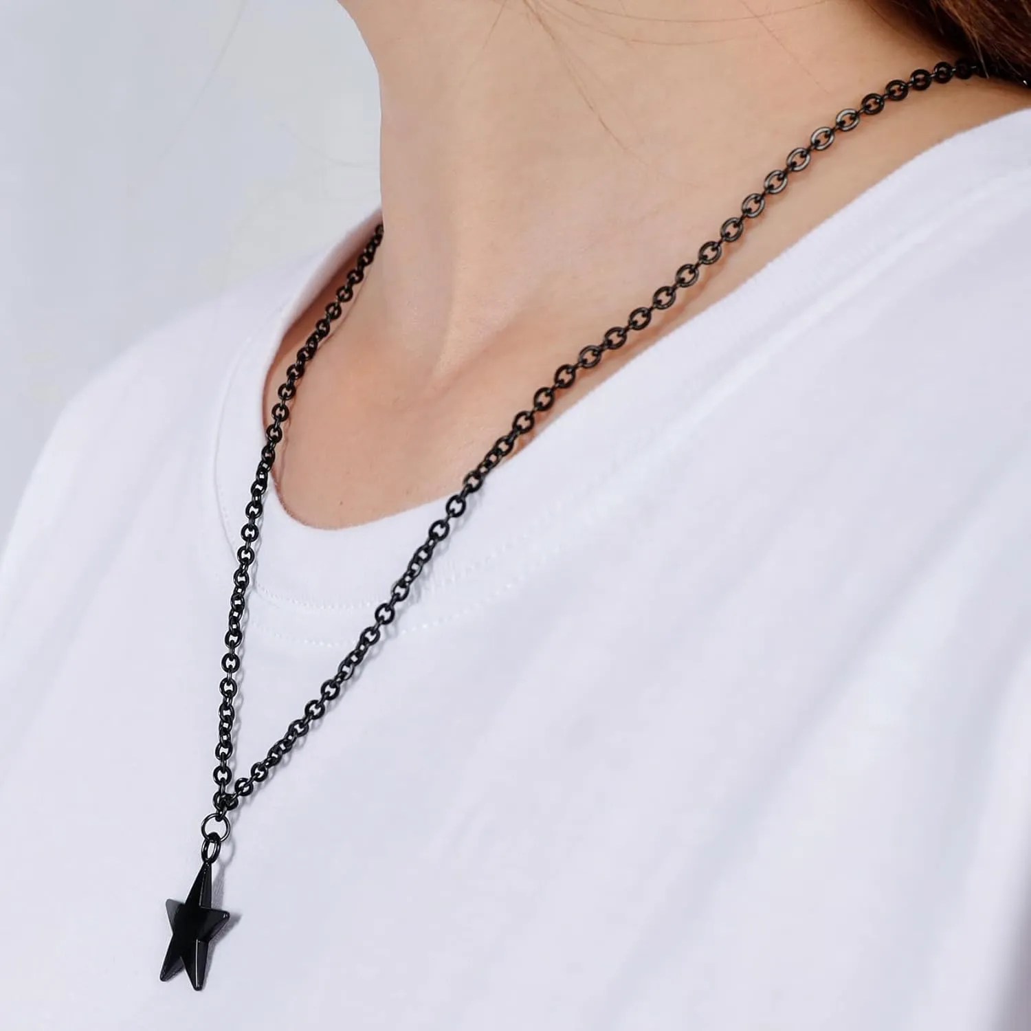 Black Star Gothic Y2k Moon Heart Necklace, Halloween Mens Womens Stainless Steel Curb Cable Chain 24 Inch