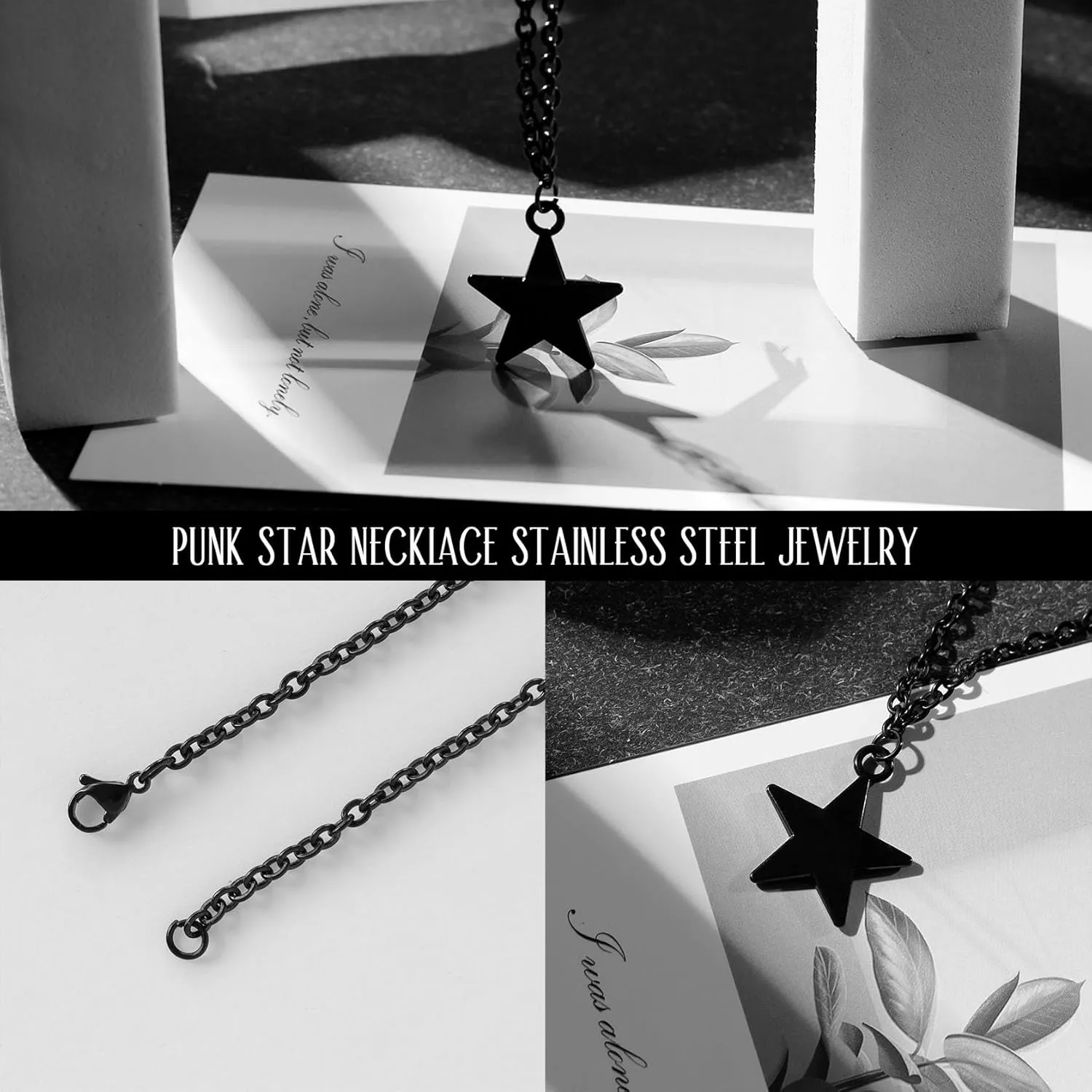 Black Star Gothic Y2k Moon Heart Necklace, Halloween Mens Womens Stainless Steel Curb Cable Chain 24 Inch