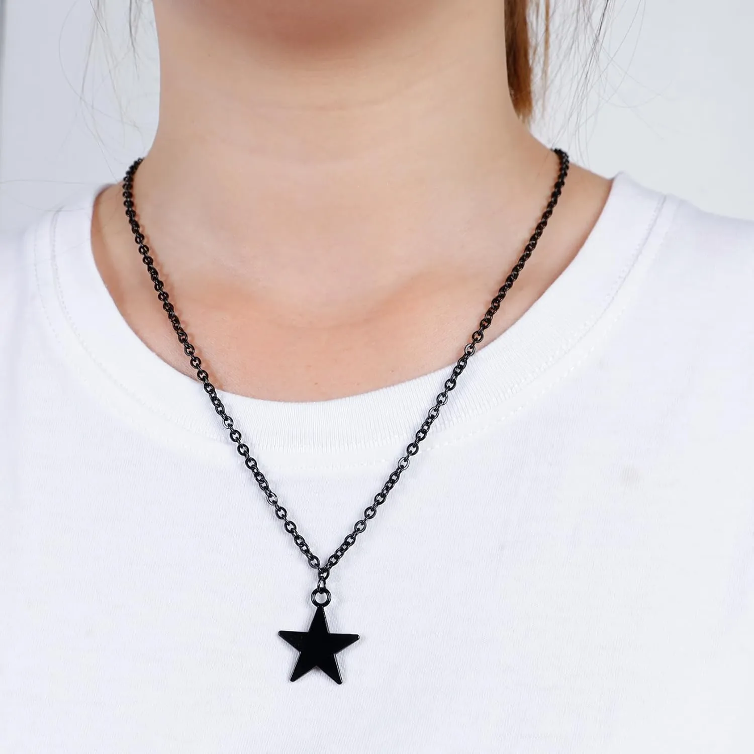 Black Star Gothic Y2k Moon Heart Necklace, Halloween Mens Womens Stainless Steel Curb Cable Chain 24 Inch