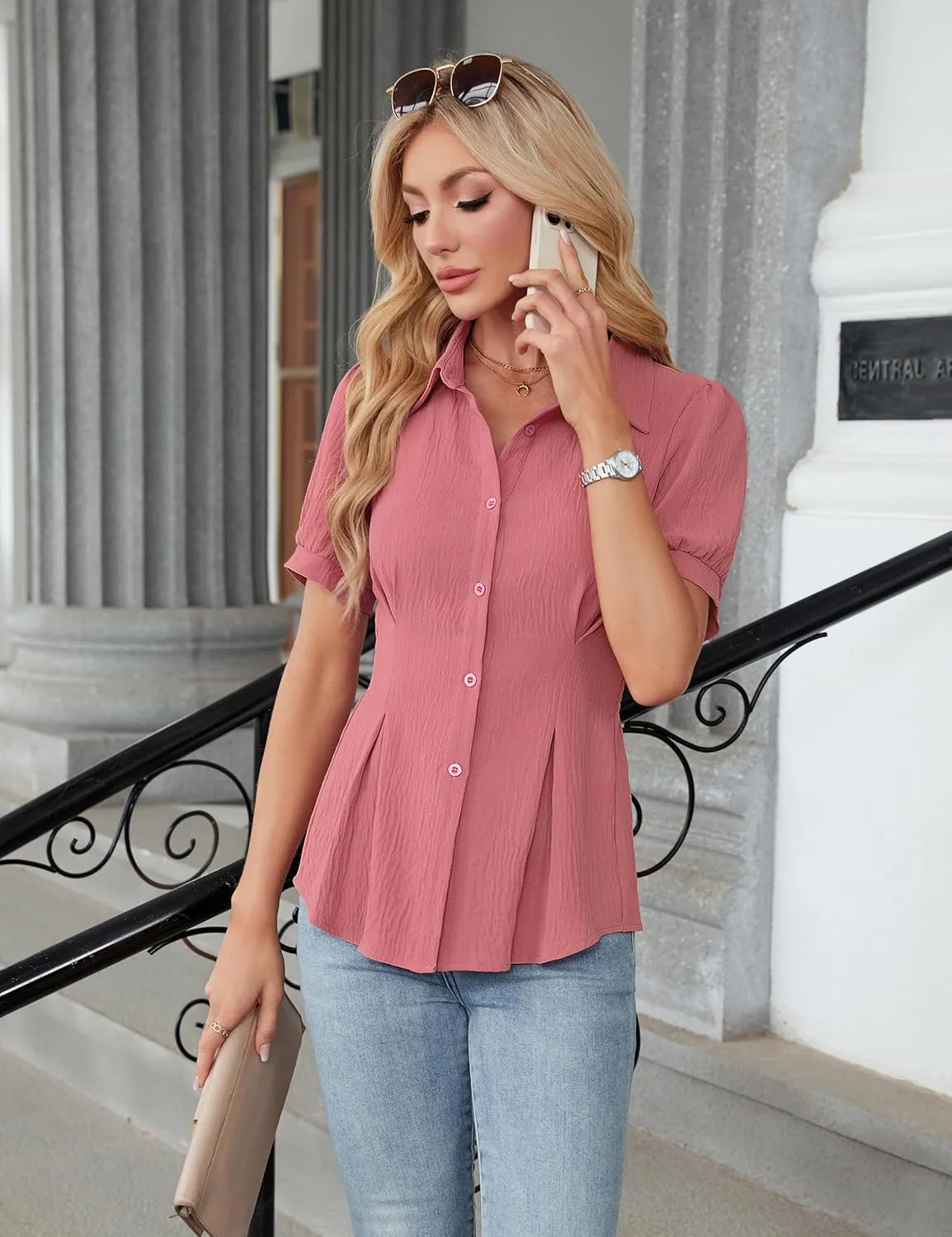 Blooming Jelly Womens Business Casual Tops Button Down Shirts Dressy Smocked Peplum Blouses Trendy Summer Outfits 2025