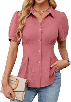 Blooming Jelly Womens Business Casual Tops Button Down Shirts Dressy Smocked Peplum Blouses Trendy Summer Outfits 2025