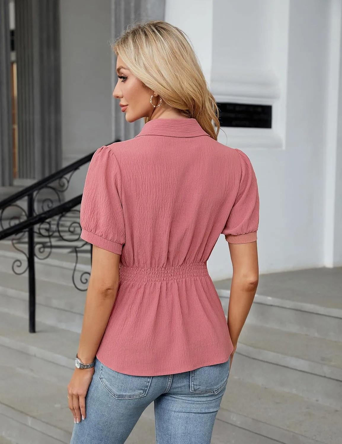 Blooming Jelly Womens Business Casual Tops Button Down Shirts Dressy Smocked Peplum Blouses Trendy Summer Outfits 2025