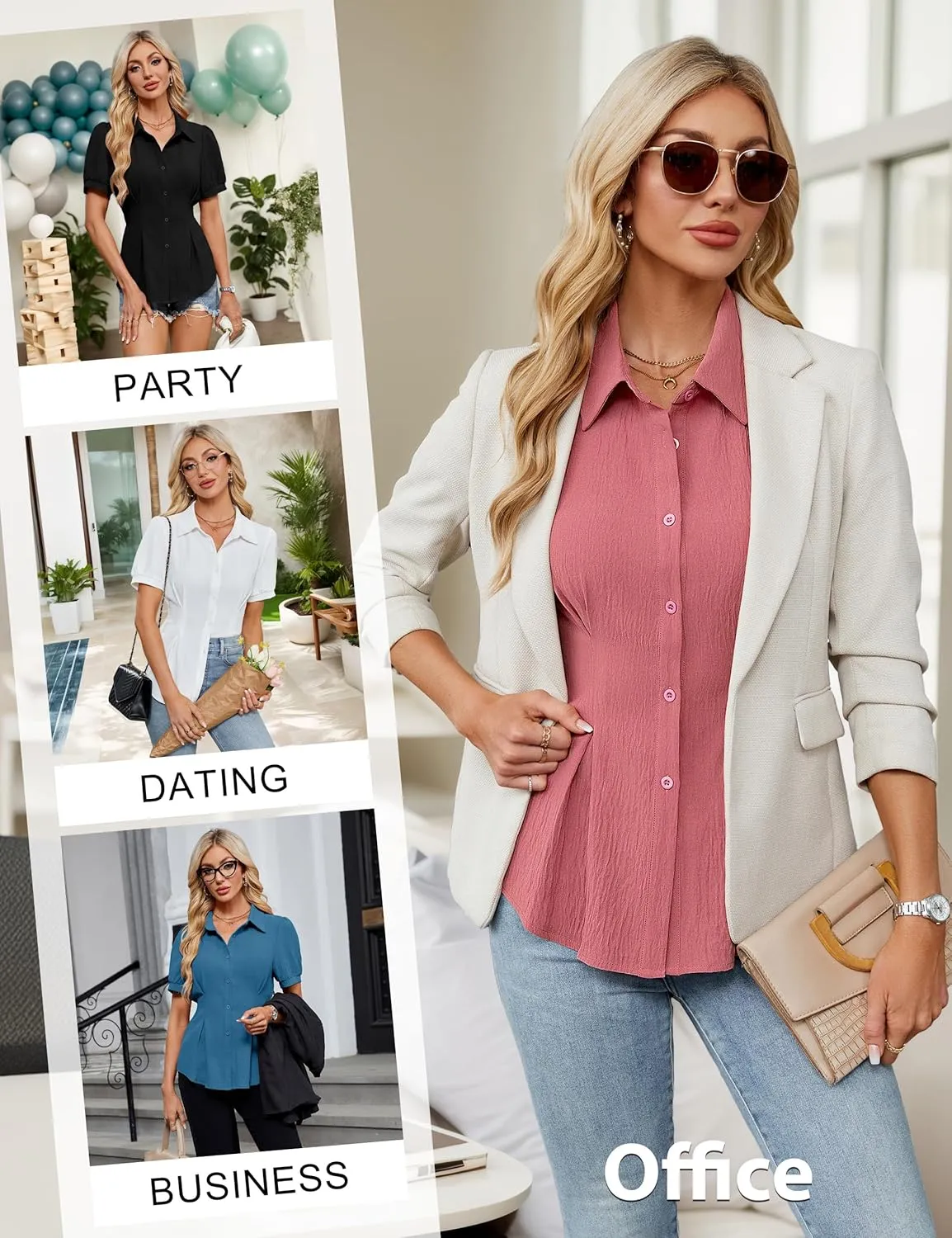 Blooming Jelly Womens Business Casual Tops Button Down Shirts Dressy Smocked Peplum Blouses Trendy Summer Outfits 2025