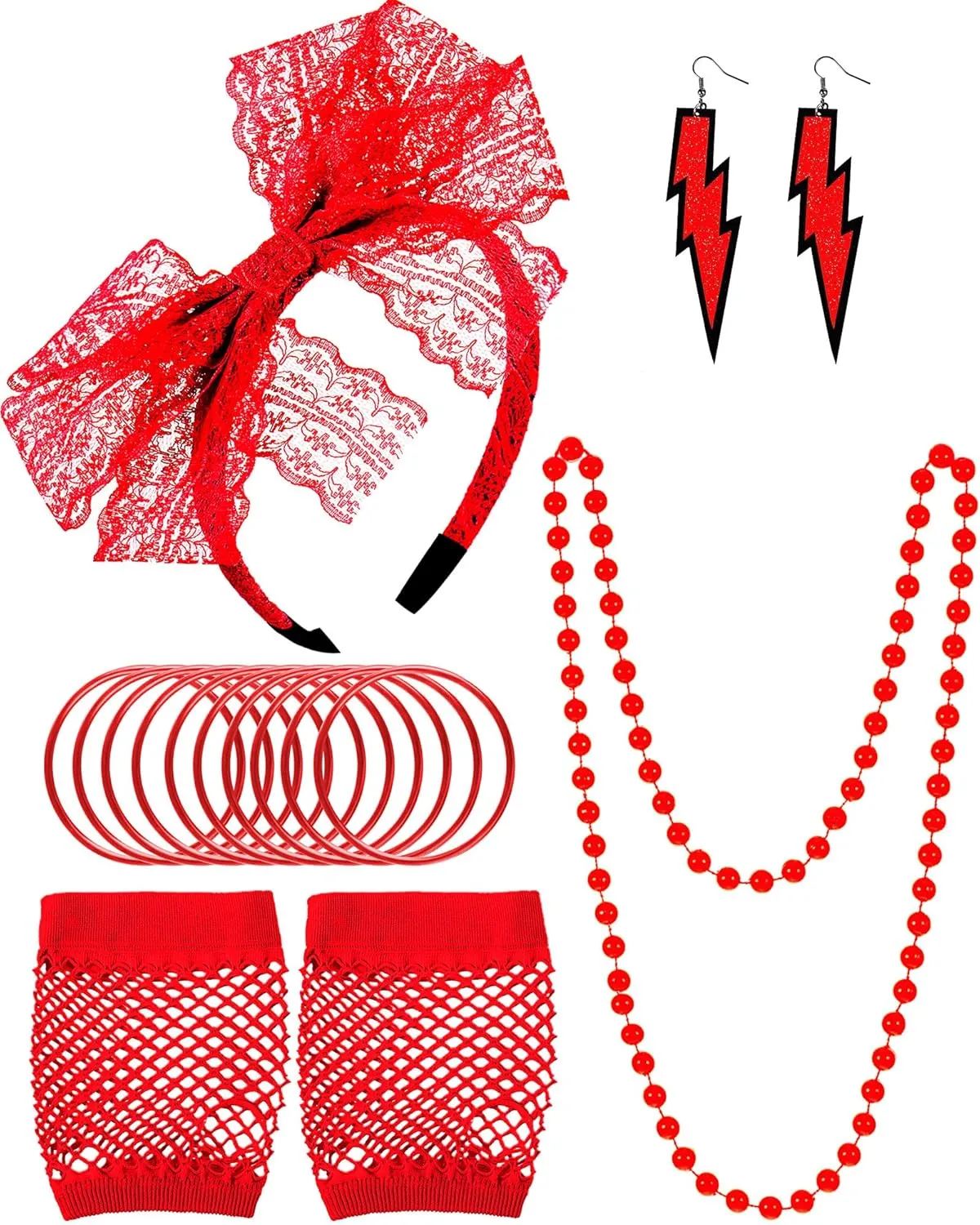 Blulu 80s Accessories Women Lace Headband Earrings Fishnet Gloves Necklace Bracelet for 80s Retro Party Halloween