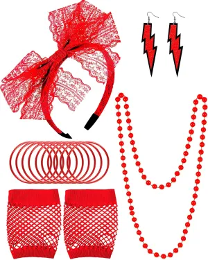 Blulu 80s Accessories Women Lace Headband Earrings Fishnet Gloves Necklace Bracelet for 80s Retro Party Halloween