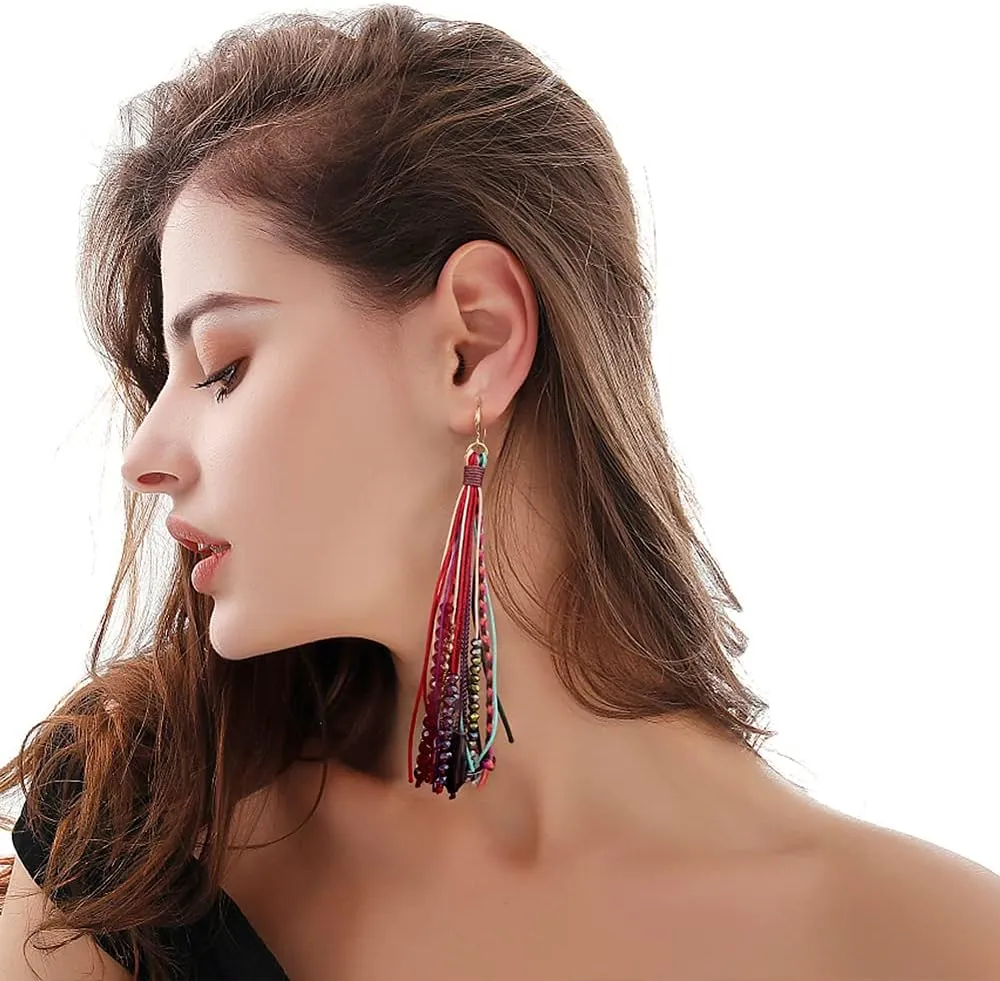 Bohemian Feather Dangle Earrings for Women with Shell Beads Long Tassel Design Drop Earrings