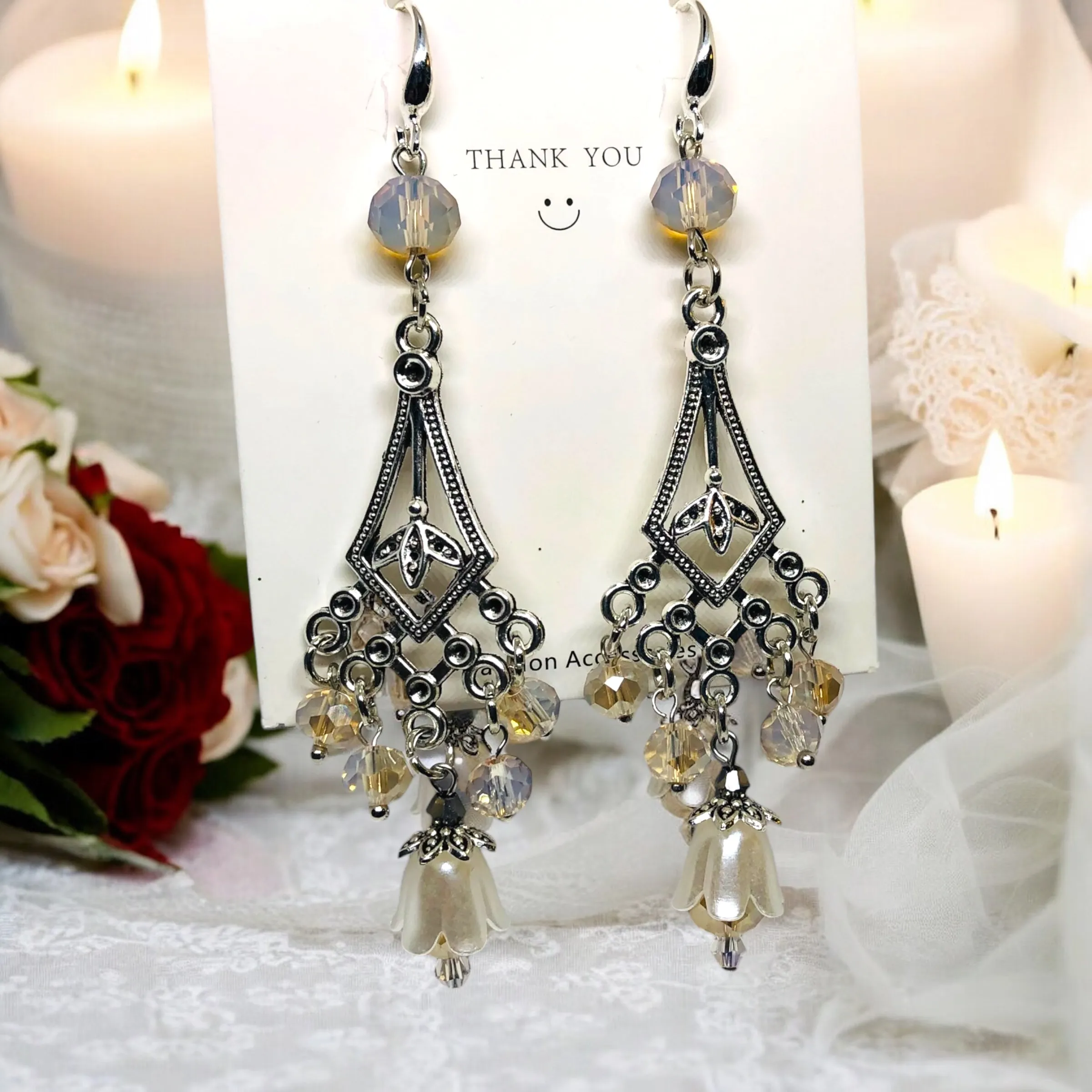 Bohemian Tulip Antique Silver Chandelier Earrings