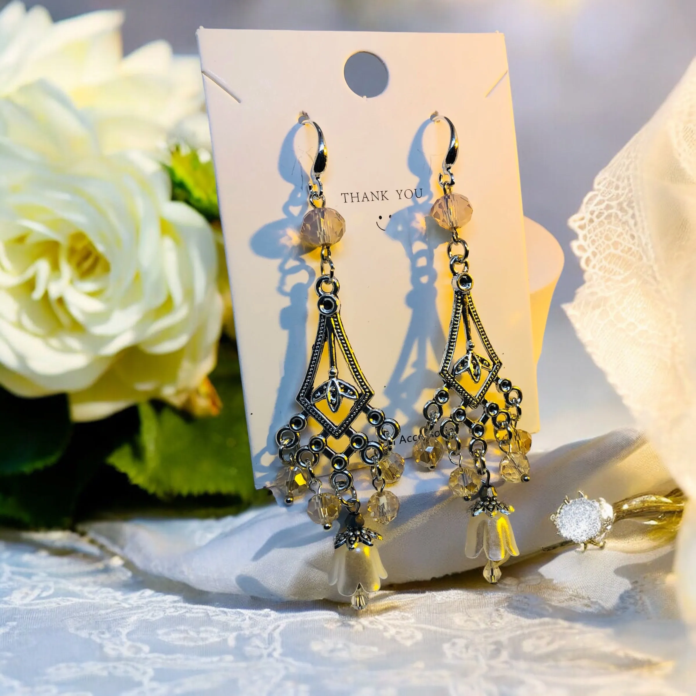 Bohemian Tulip Antique Silver Chandelier Earrings