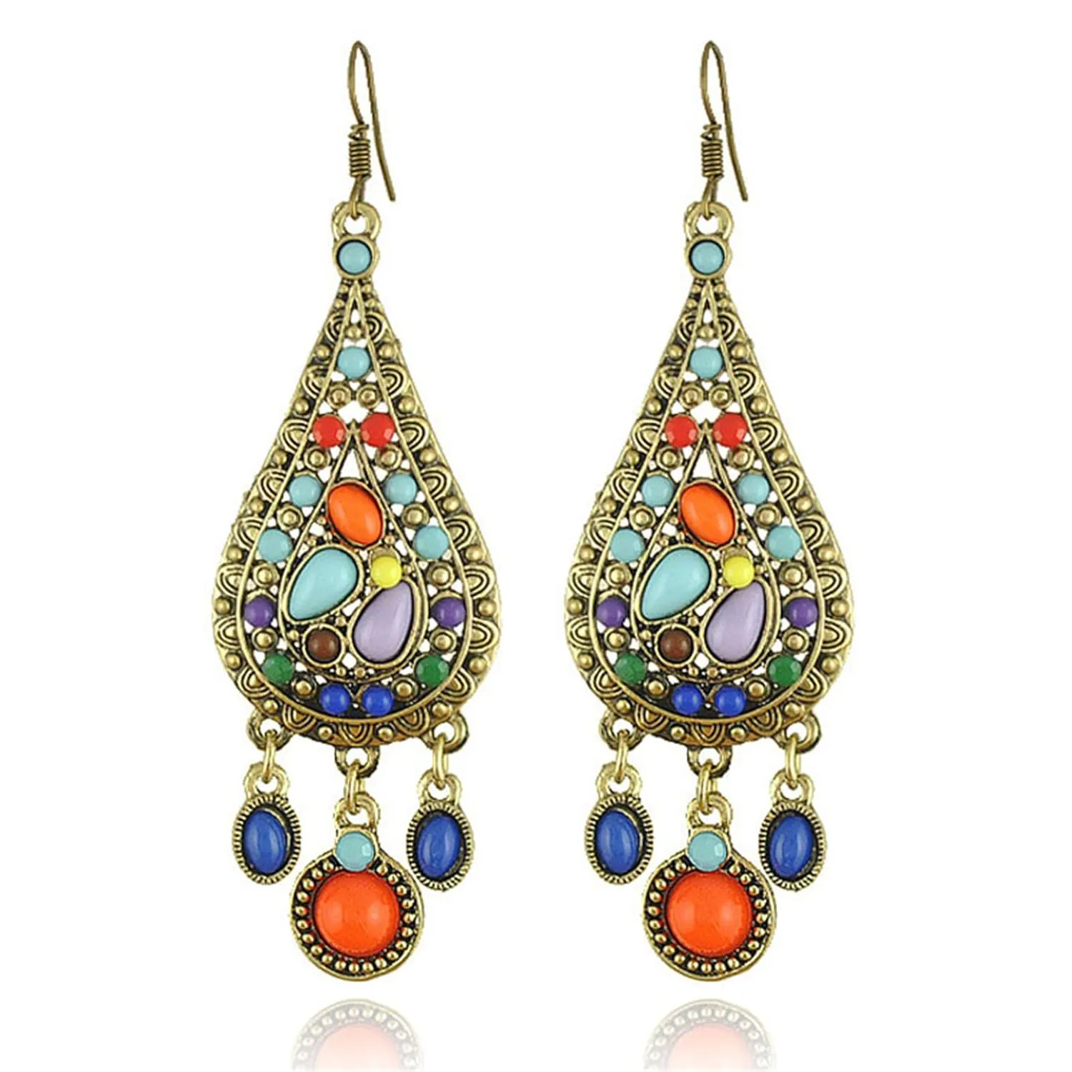 Bohemian Vintage Earrings for Women Colorful Turquoise Tassel Earrings Boho Ethnic Water Drop Earrings Colorful Drop Earrings Trendy Statement Earrings (A)