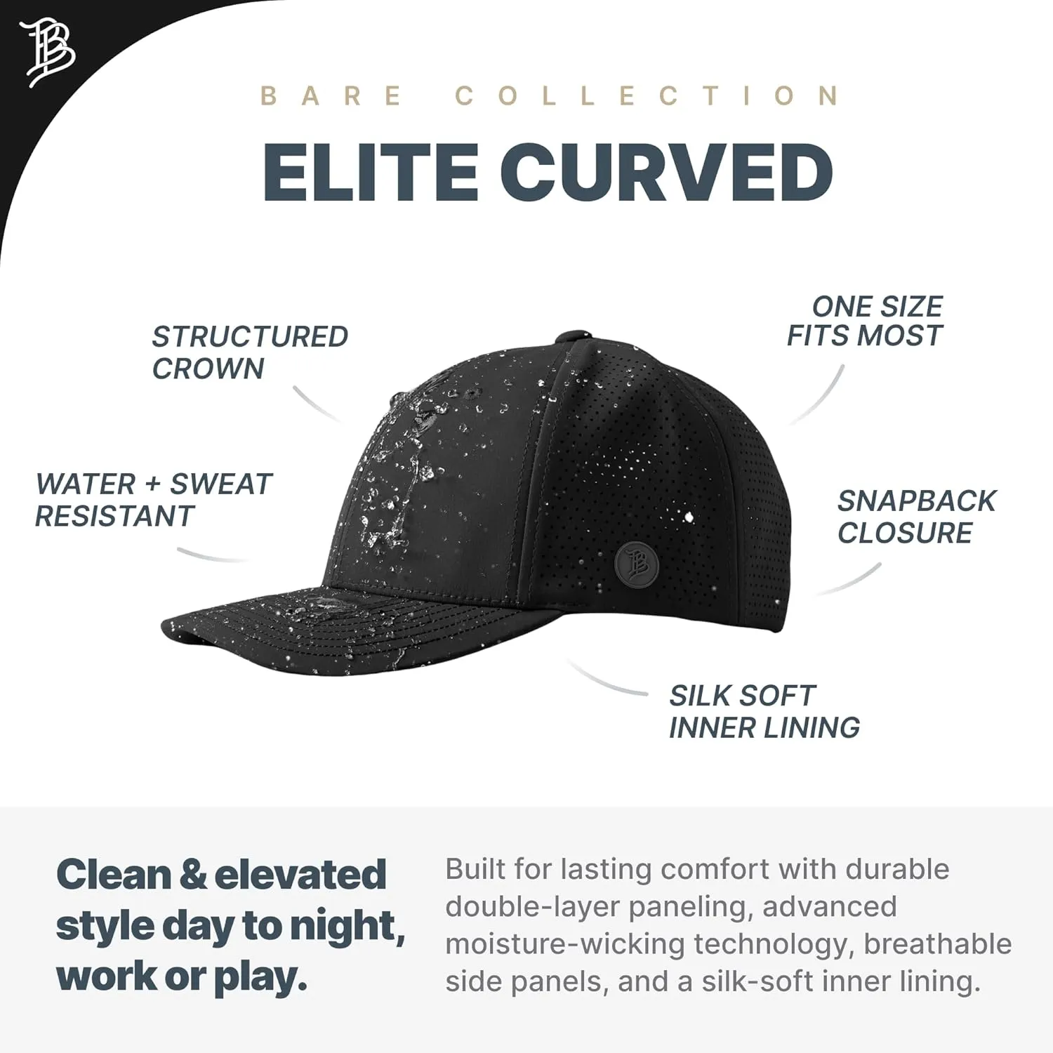 Branded Bills Bare Elite Hat, Performance Paneling, Adjustable Snapback, Silk-Soft Front Lining, Water-Repellent Shell