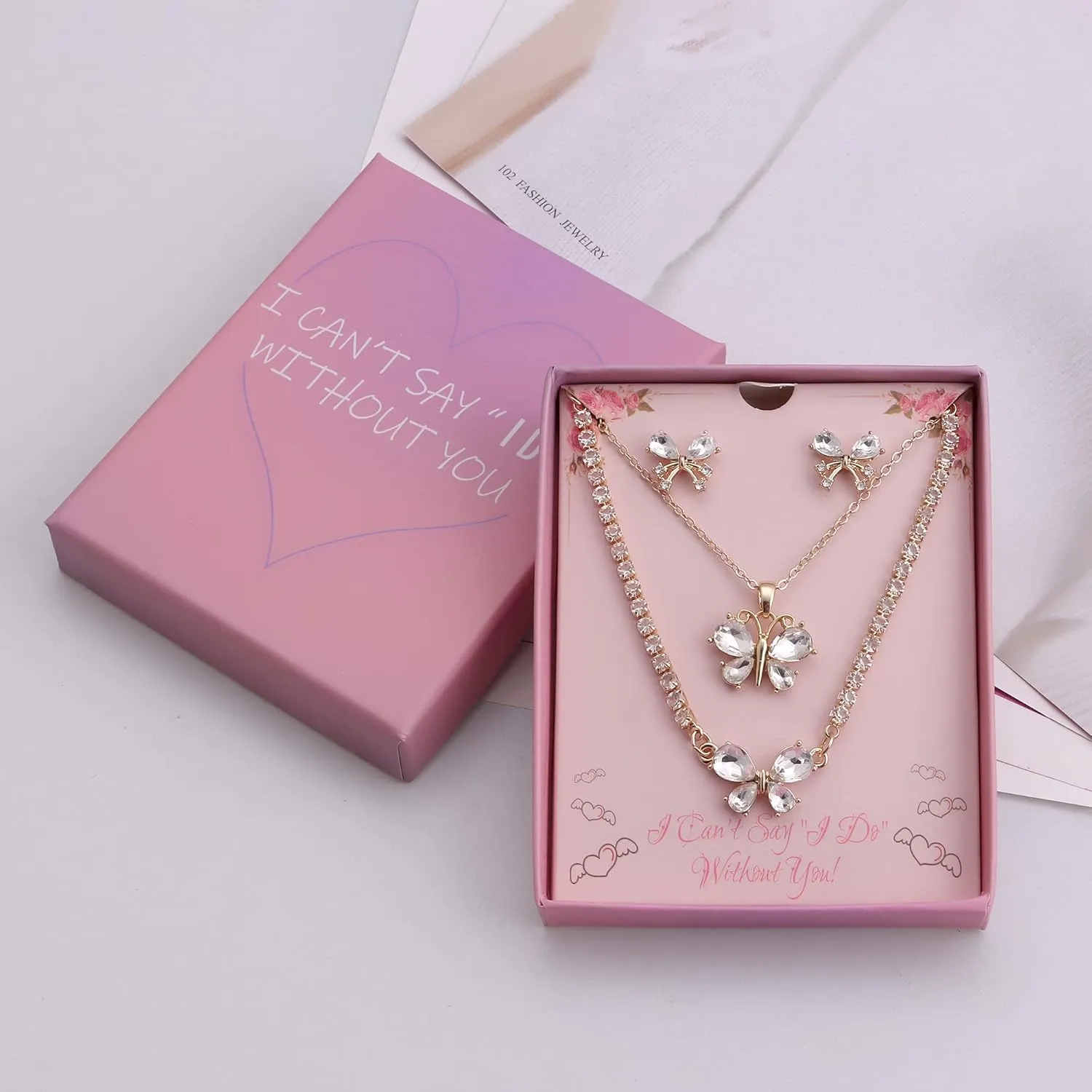 Bridesmaid Jewelry Set for Women 18K Gold & Silver & Rose Gold Plated Butterfly Pendant Necklace Earrings Bracelet Set,Bridesmaid Gift for Wedding/Proposal/Party/Anniversary