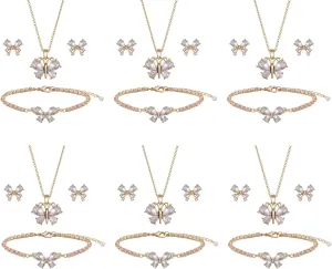 Bridesmaid Jewelry Set for Women 18K Gold & Silver & Rose Gold Plated Butterfly Pendant Necklace Earrings Bracelet Set,Bridesmaid Gift for Wedding/Proposal/Party/Anniversary