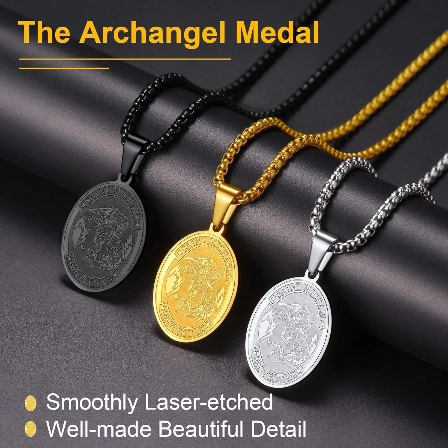ChainsPro Saint Michael Necklace for Men with Full Prayer, Protection Archangel Medallion, Chain 55 5CM Adjustable-316L Stainless Steel/Gold Plated/Black (Send Gift Box)