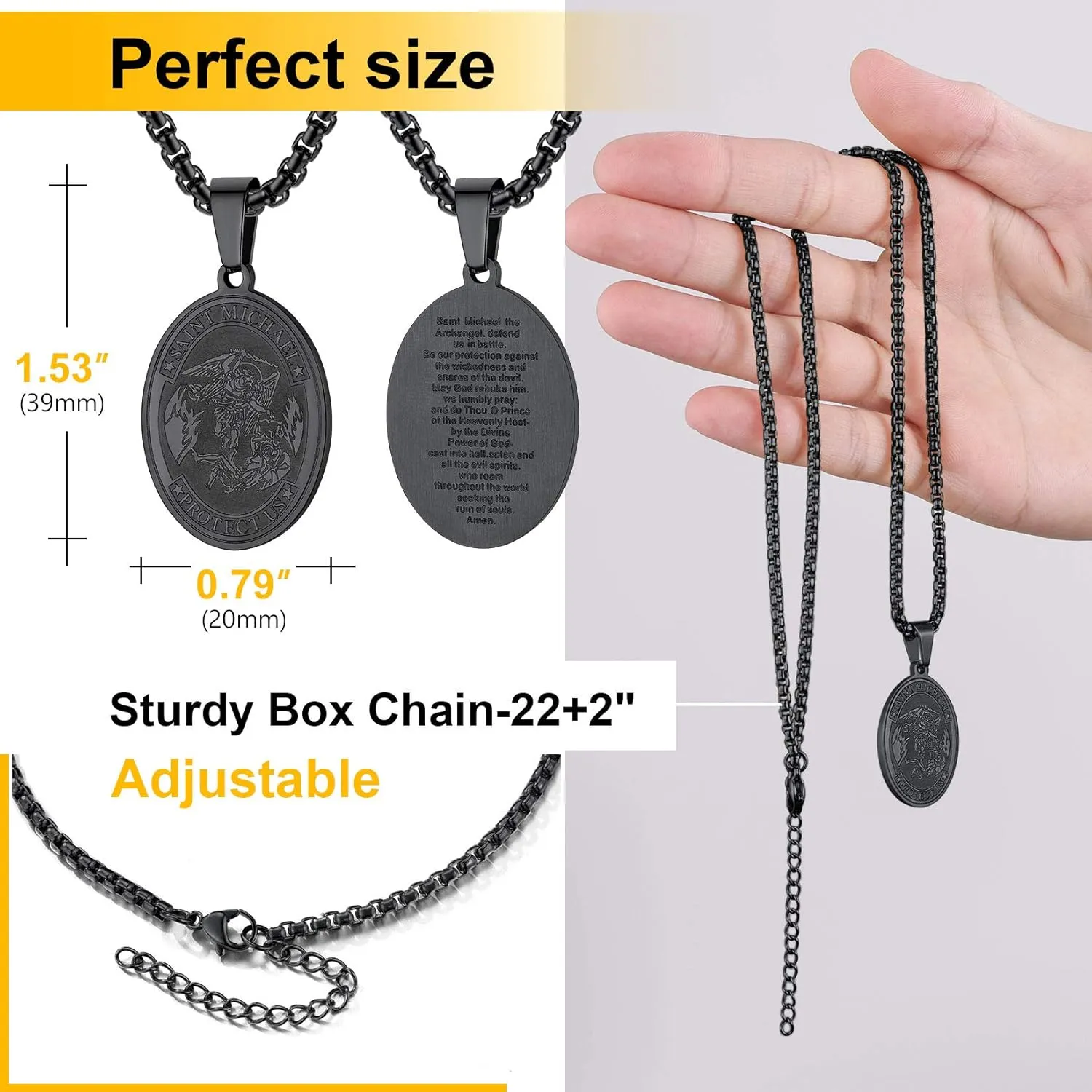 ChainsPro Saint Michael Necklace for Men with Full Prayer, Protection Archangel Medallion, Chain 55 5CM Adjustable-316L Stainless Steel/Gold Plated/Black (Send Gift Box)