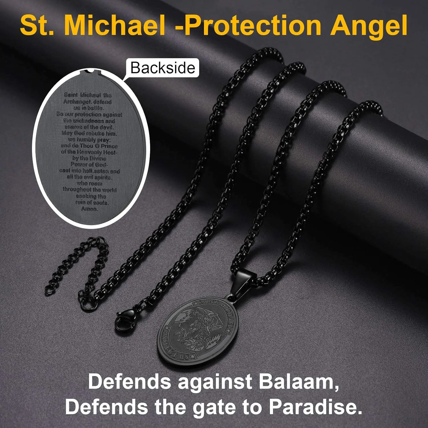 ChainsPro Saint Michael Necklace for Men with Full Prayer, Protection Archangel Medallion, Chain 55 5CM Adjustable-316L Stainless Steel/Gold Plated/Black (Send Gift Box)