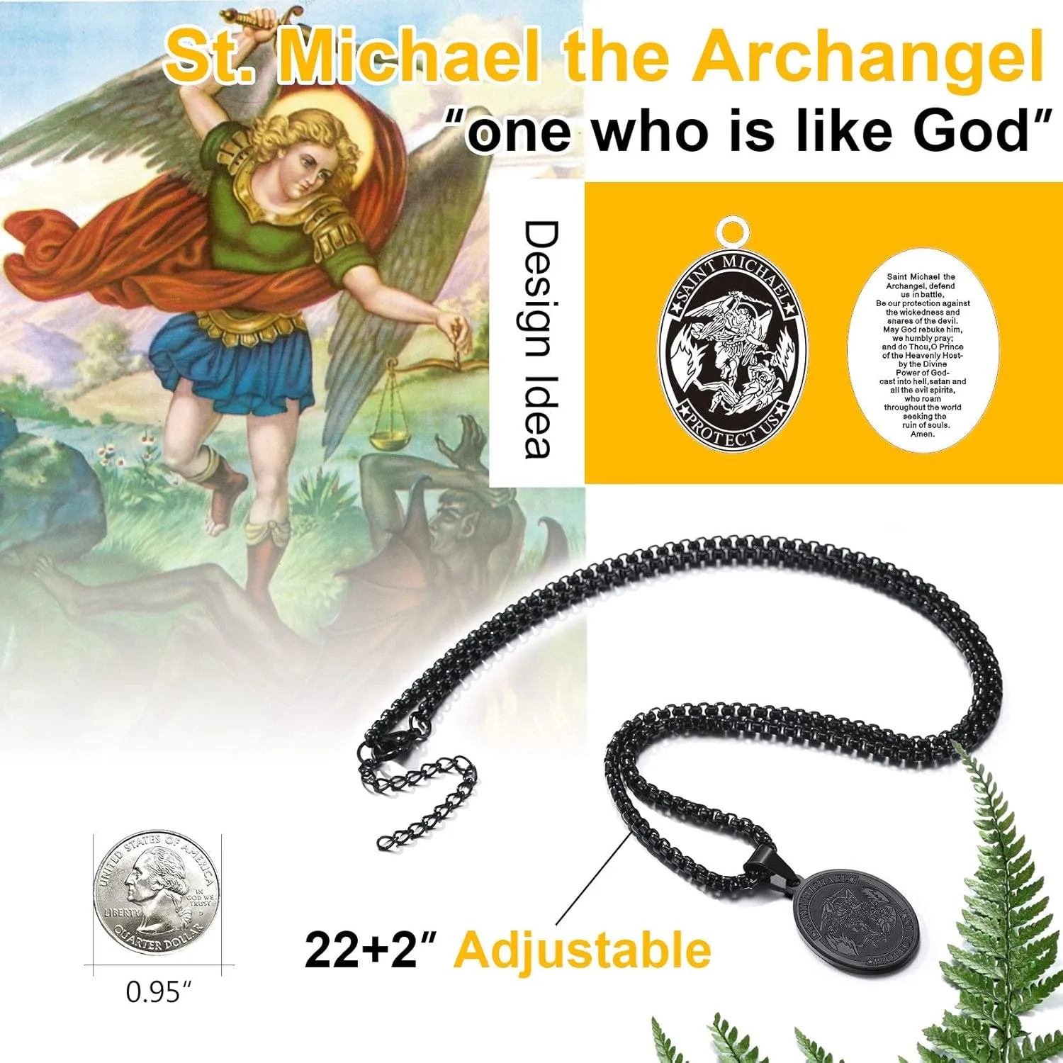 ChainsPro Saint Michael Necklace for Men with Full Prayer, Protection Archangel Medallion, Chain 55 5CM Adjustable-316L Stainless Steel/Gold Plated/Black (Send Gift Box)