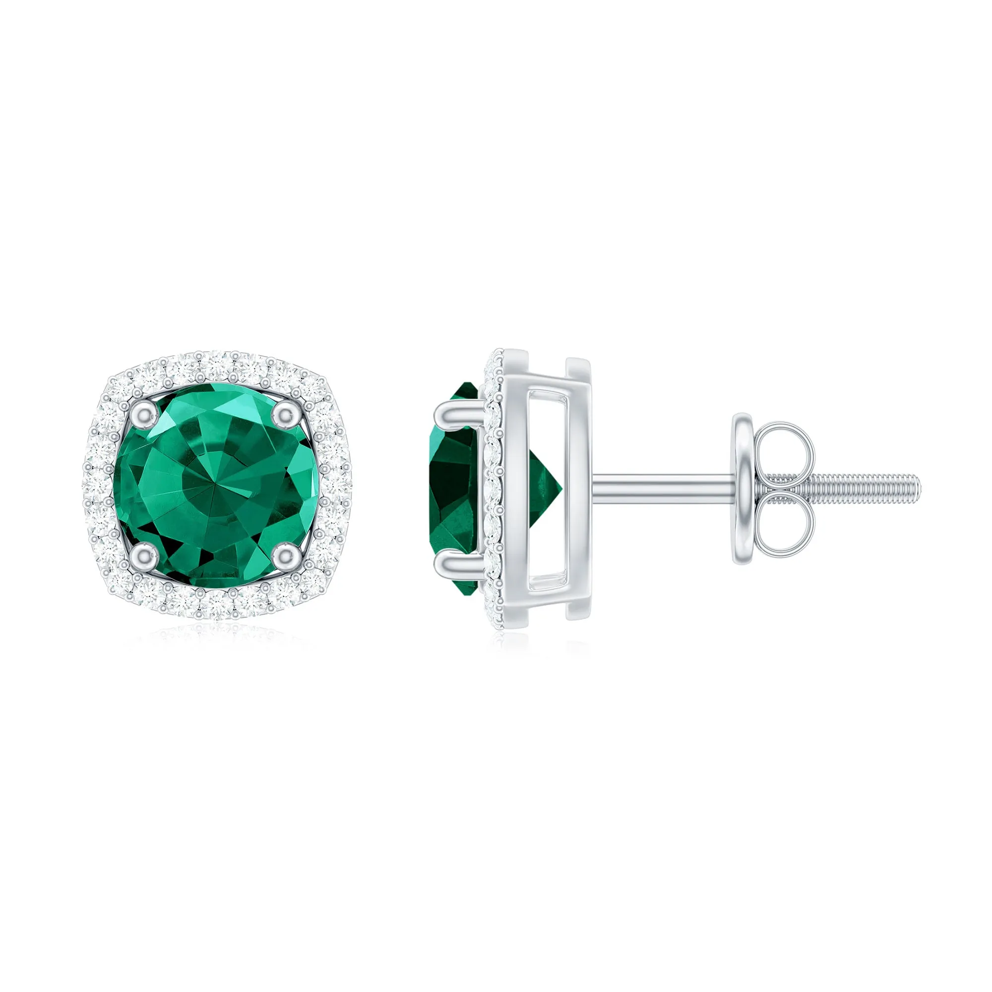Classic Created Emerald Halo Silver Stud Earrings with Moissanite