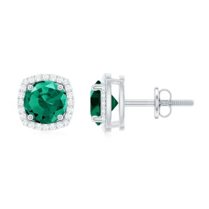 Classic Created Emerald Halo Silver Stud Earrings with Moissanite