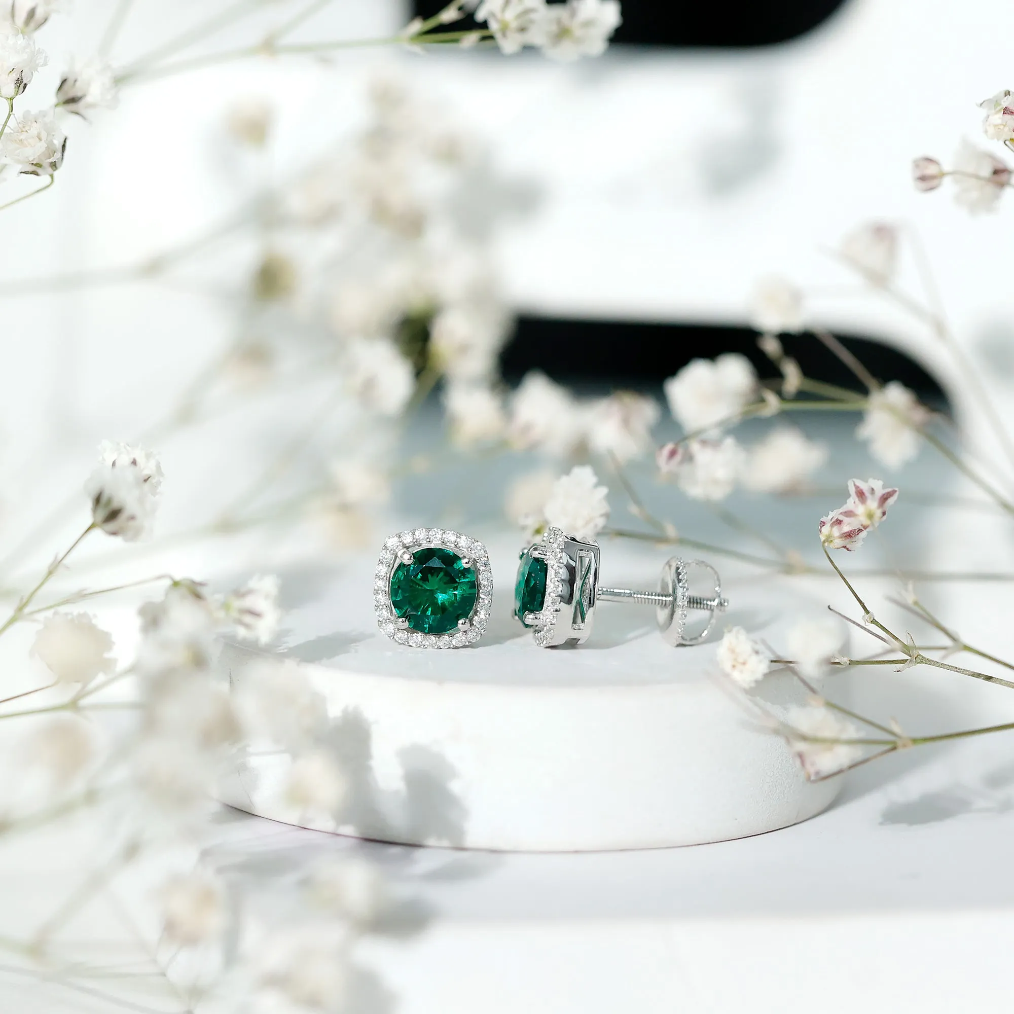 Classic Created Emerald Halo Silver Stud Earrings with Moissanite