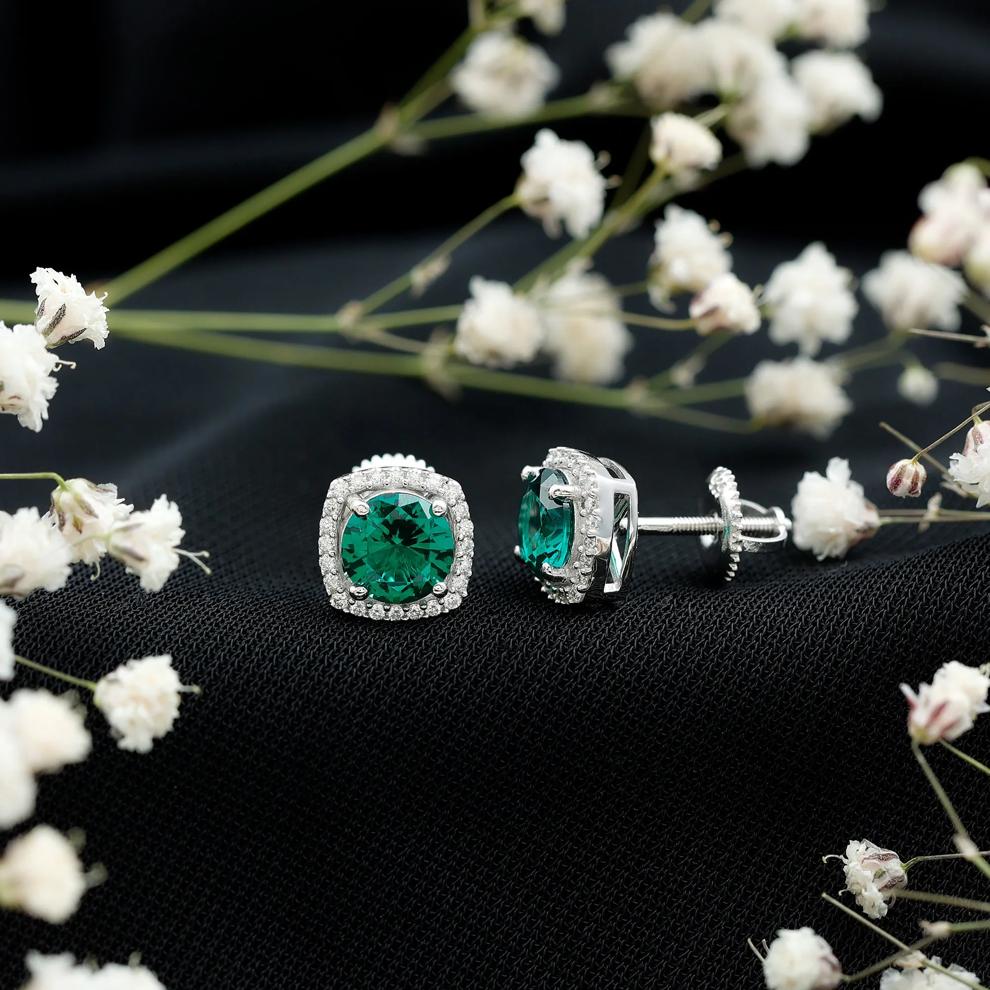 Classic Created Emerald Halo Silver Stud Earrings with Moissanite