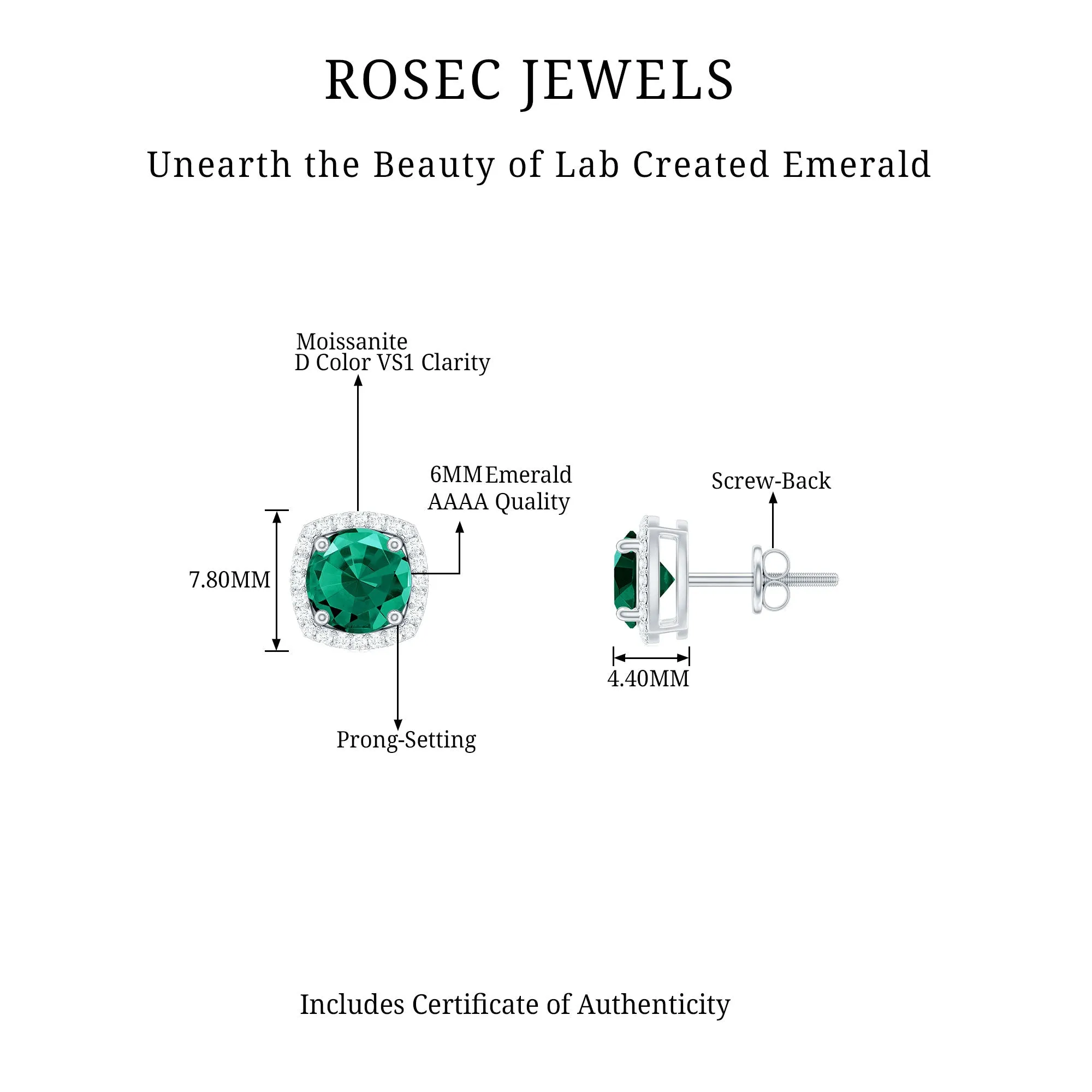 Classic Created Emerald Halo Silver Stud Earrings with Moissanite