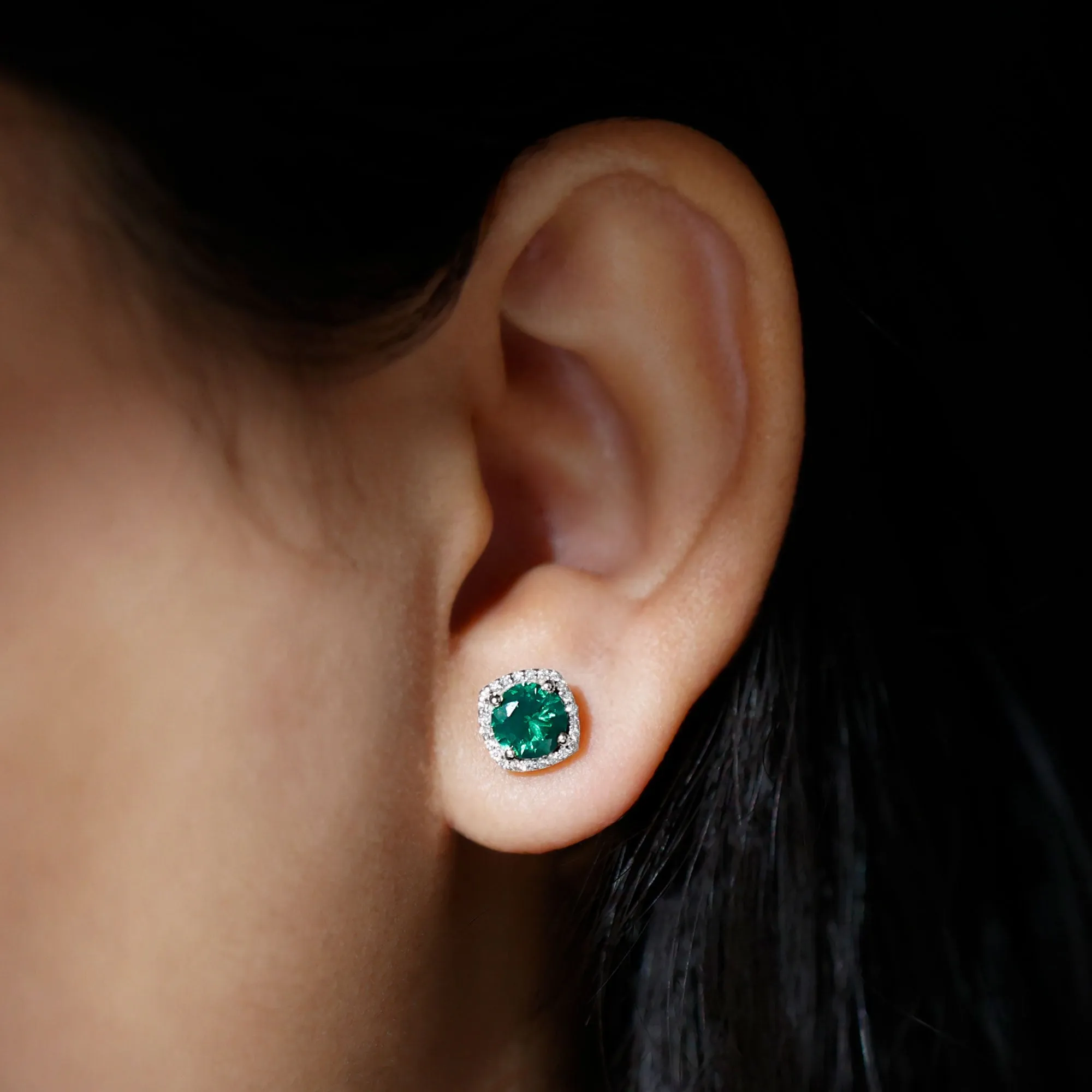 Classic Created Emerald Halo Silver Stud Earrings with Moissanite