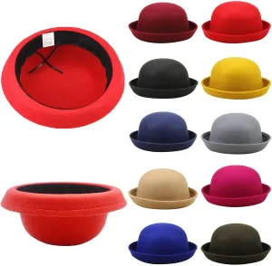 Classic Fedora Hat with Feather Bowler Dome Hard Faux Woolen Top Hat for Men Women Wedding Sun Hat (Wine, One Size)