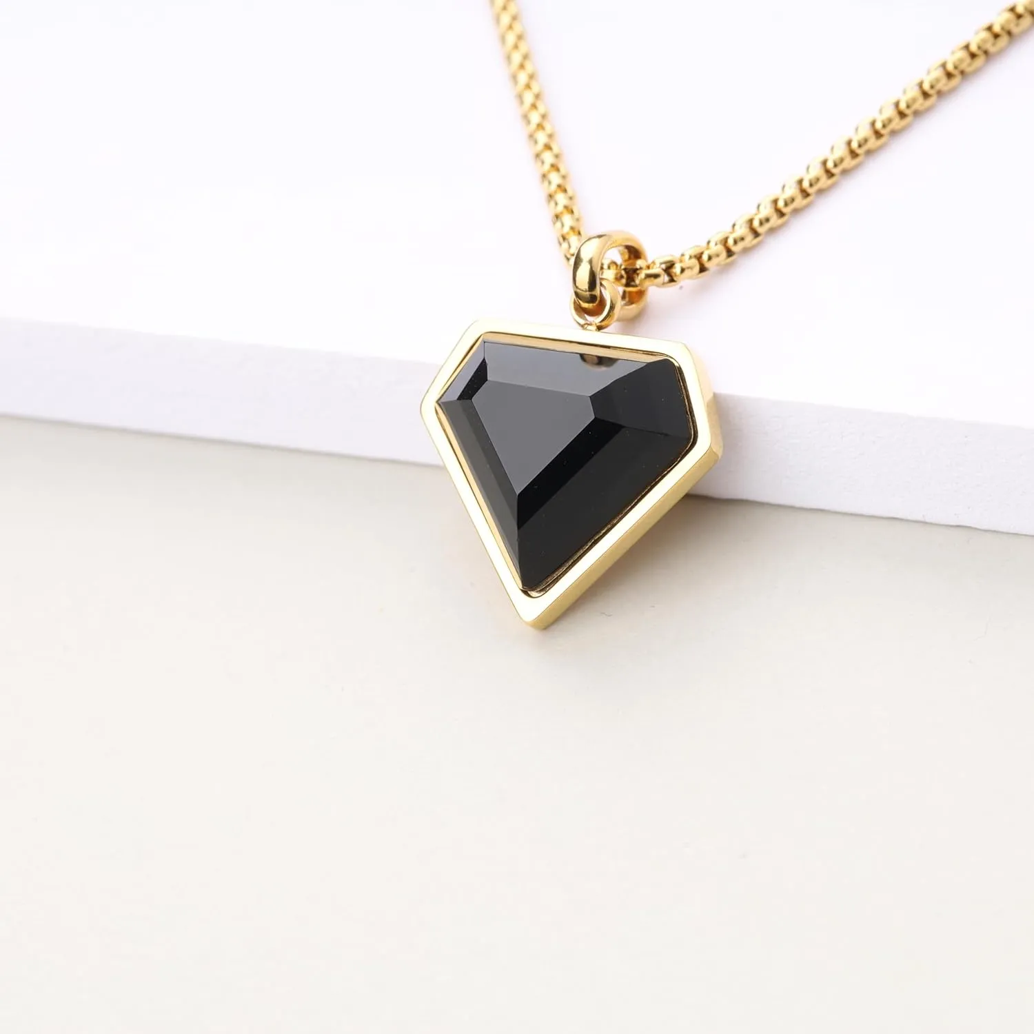 COAI Black Heart Pendant Necklace for Women and Men, Stainless Steel Diamond Shape Onyx Necklace