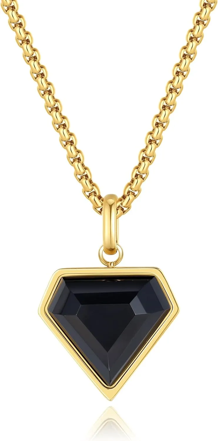 COAI Black Heart Pendant Necklace for Women and Men, Stainless Steel Diamond Shape Onyx Necklace