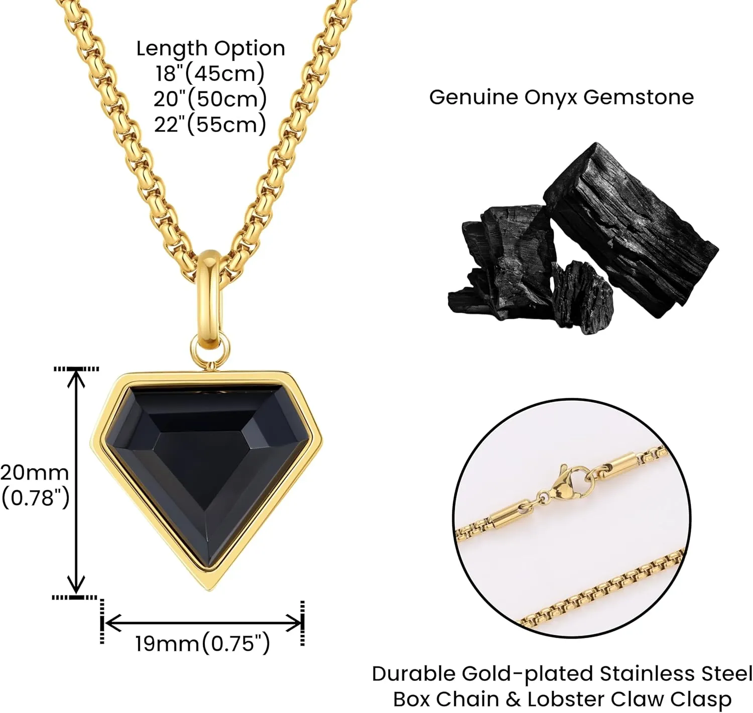 COAI Black Heart Pendant Necklace for Women and Men, Stainless Steel Diamond Shape Onyx Necklace