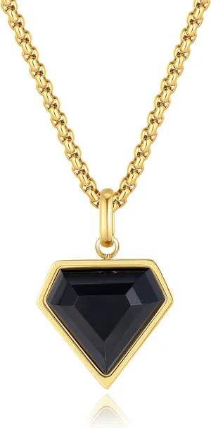 COAI Black Heart Pendant Necklace for Women and Men, Stainless Steel Diamond Shape Onyx Necklace