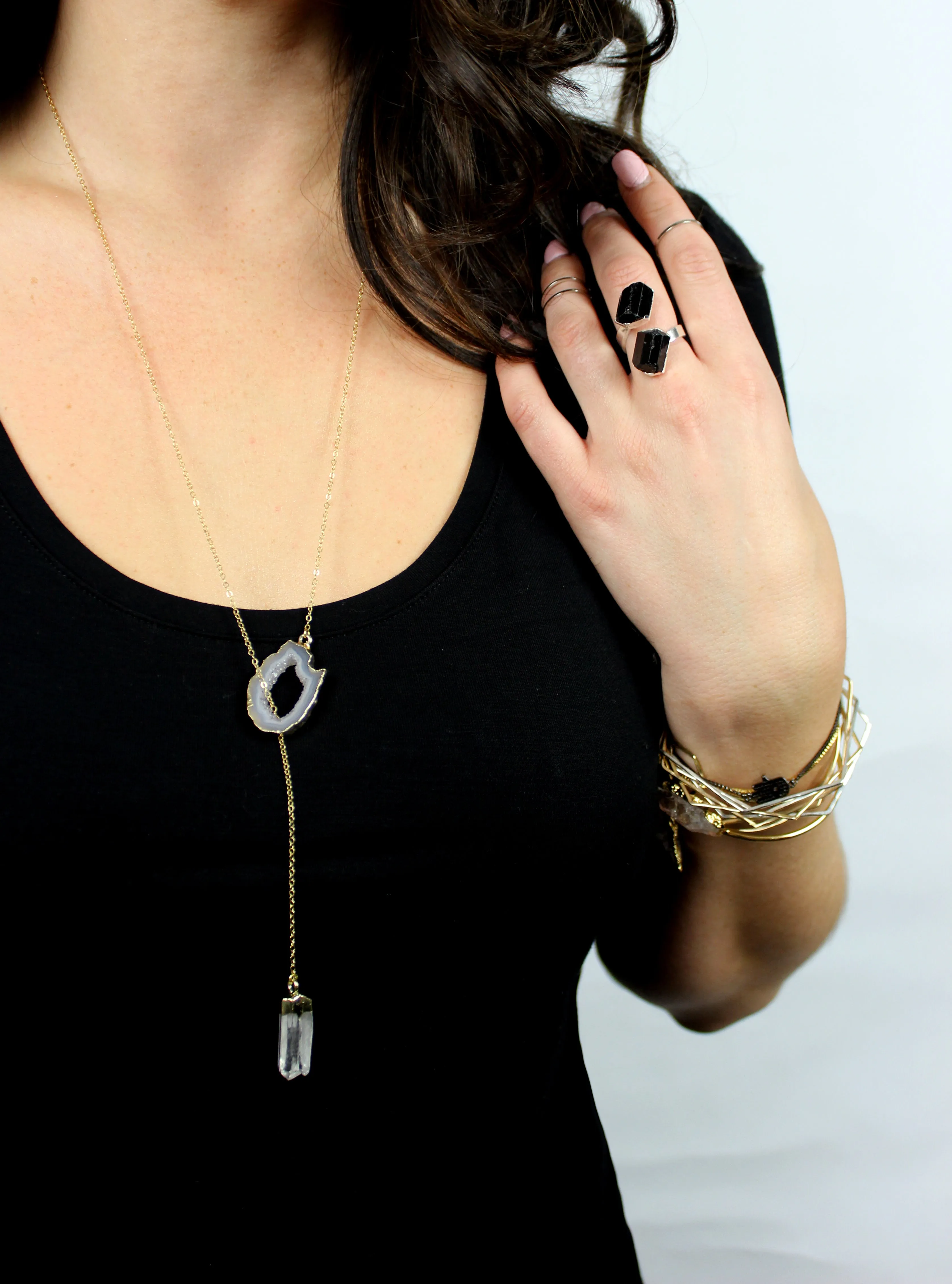 Crystal Clear // Gold Lariat Necklace w Clear Quartz Druzy, Crystal Point, Boho Jewelry // BH-N007-G