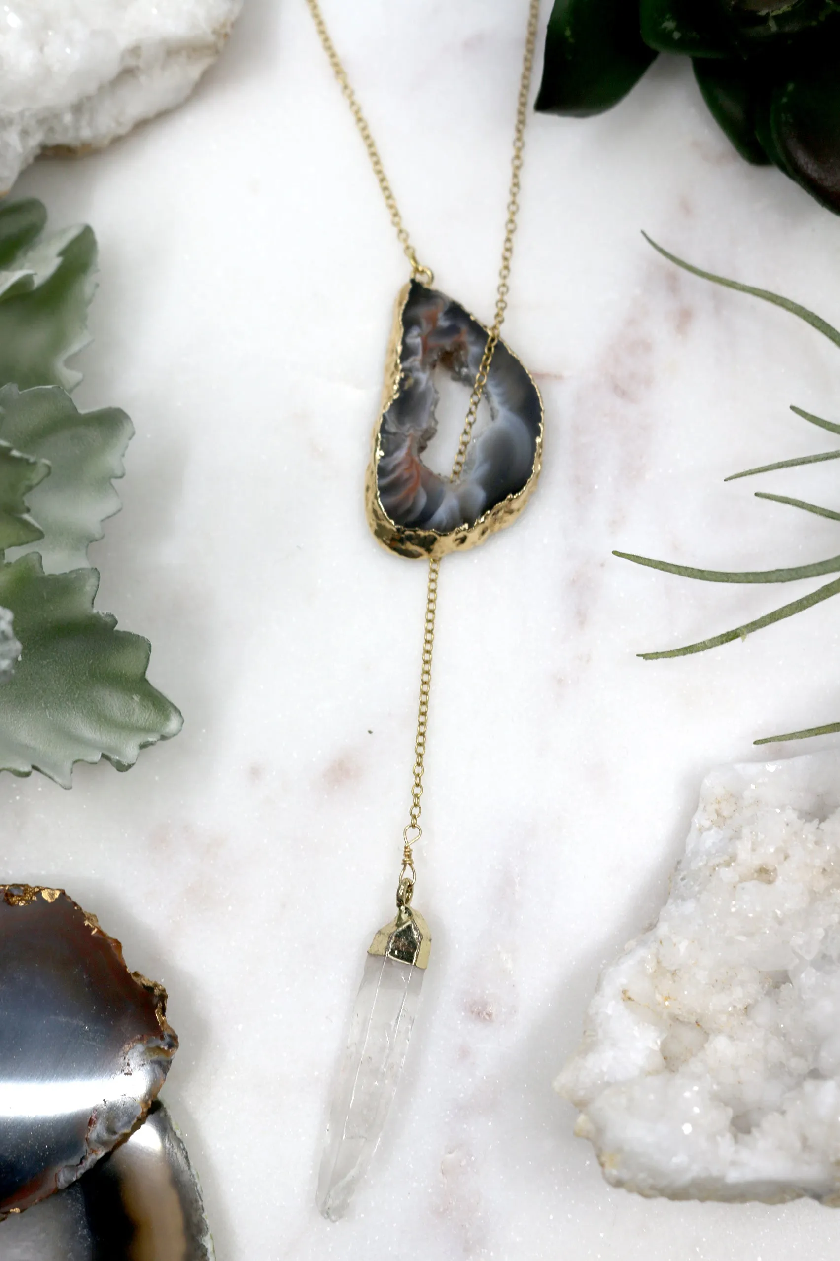 Crystal Clear // Gold Lariat Necklace w Clear Quartz Druzy, Crystal Point, Boho Jewelry // BH-N007-G
