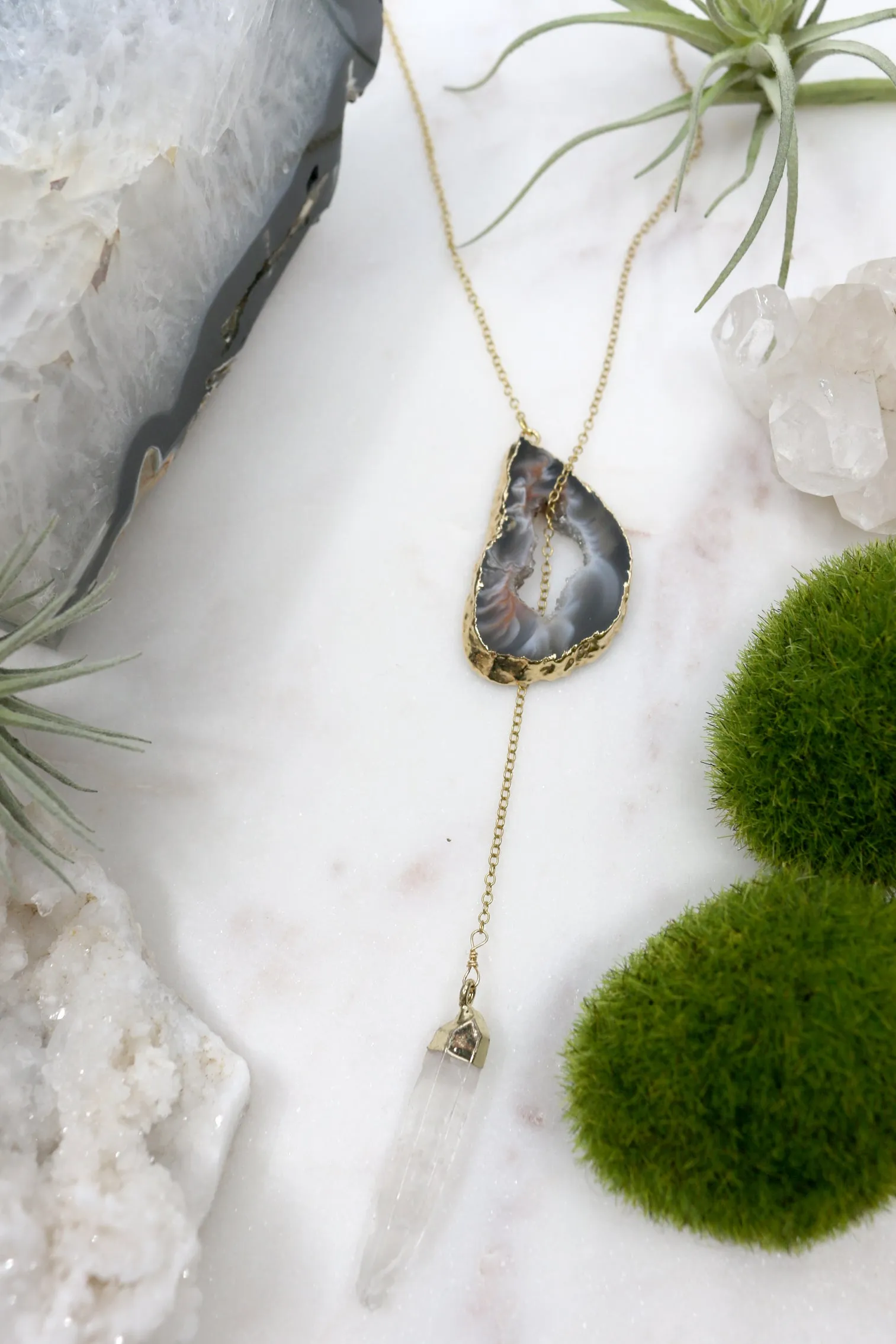 Crystal Clear // Gold Lariat Necklace w Clear Quartz Druzy, Crystal Point, Boho Jewelry // BH-N007-G