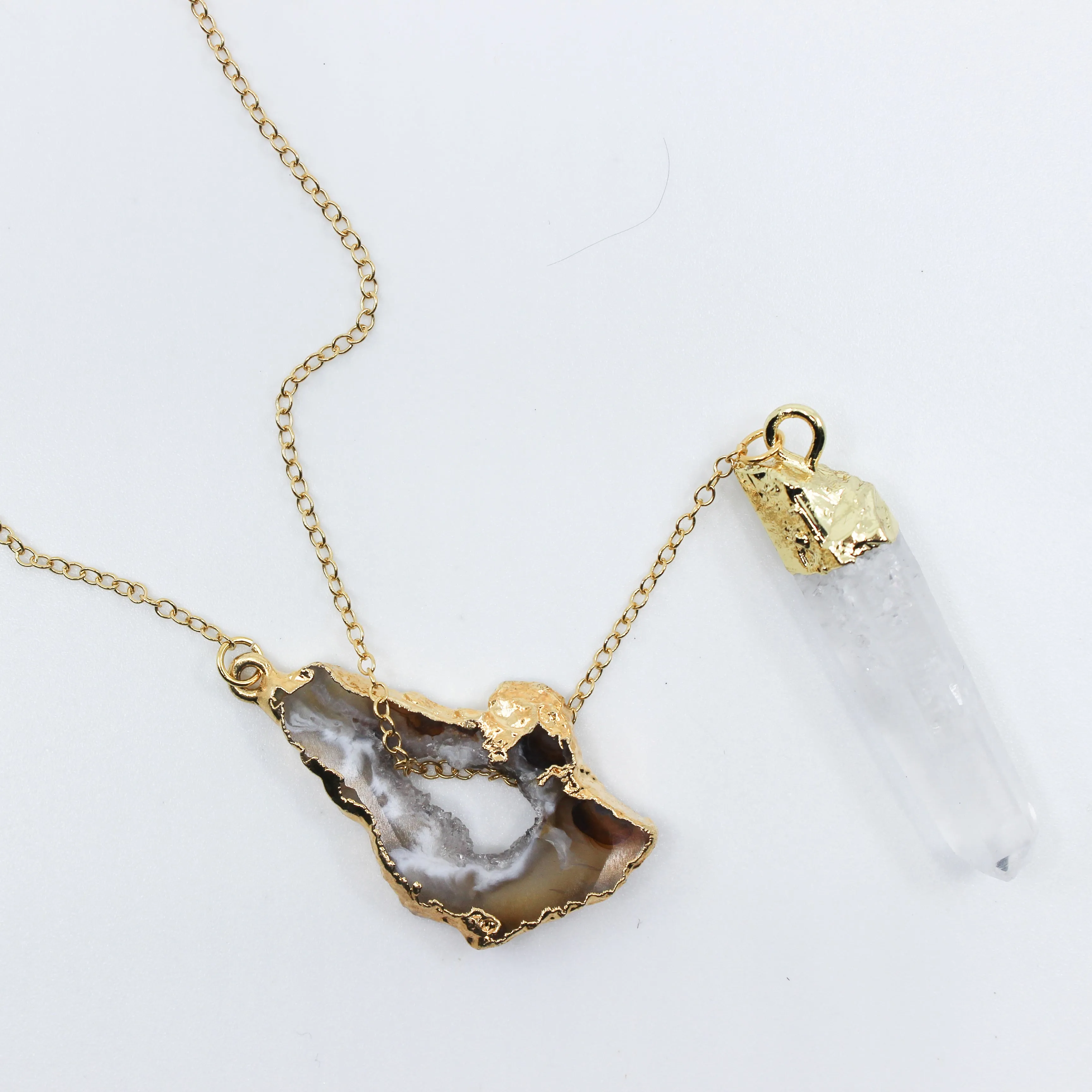 Crystal Clear // Gold Lariat Necklace w Clear Quartz Druzy, Crystal Point, Boho Jewelry // BH-N007-G