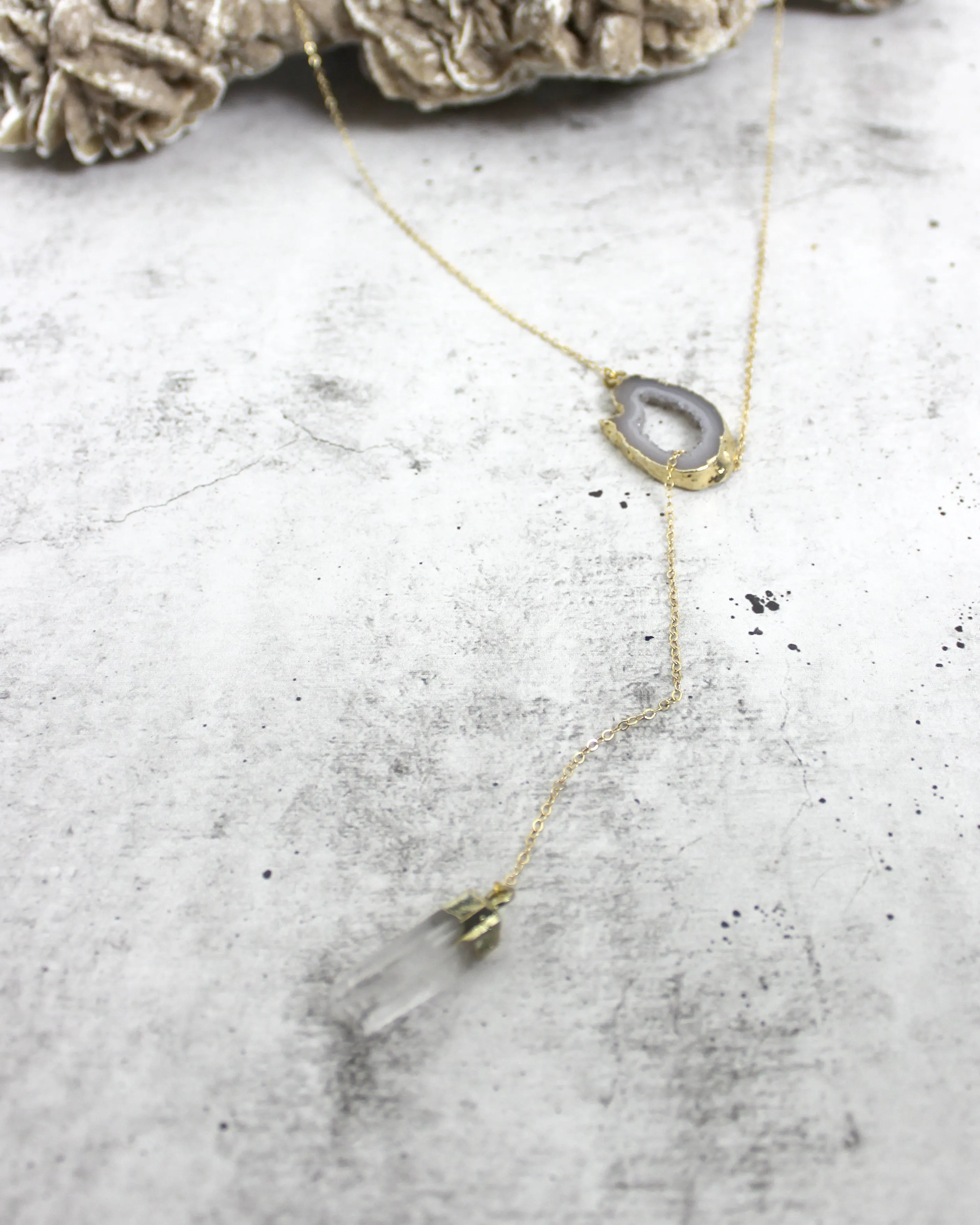 Crystal Clear // Gold Lariat Necklace w Clear Quartz Druzy, Crystal Point, Boho Jewelry // BH-N007-G