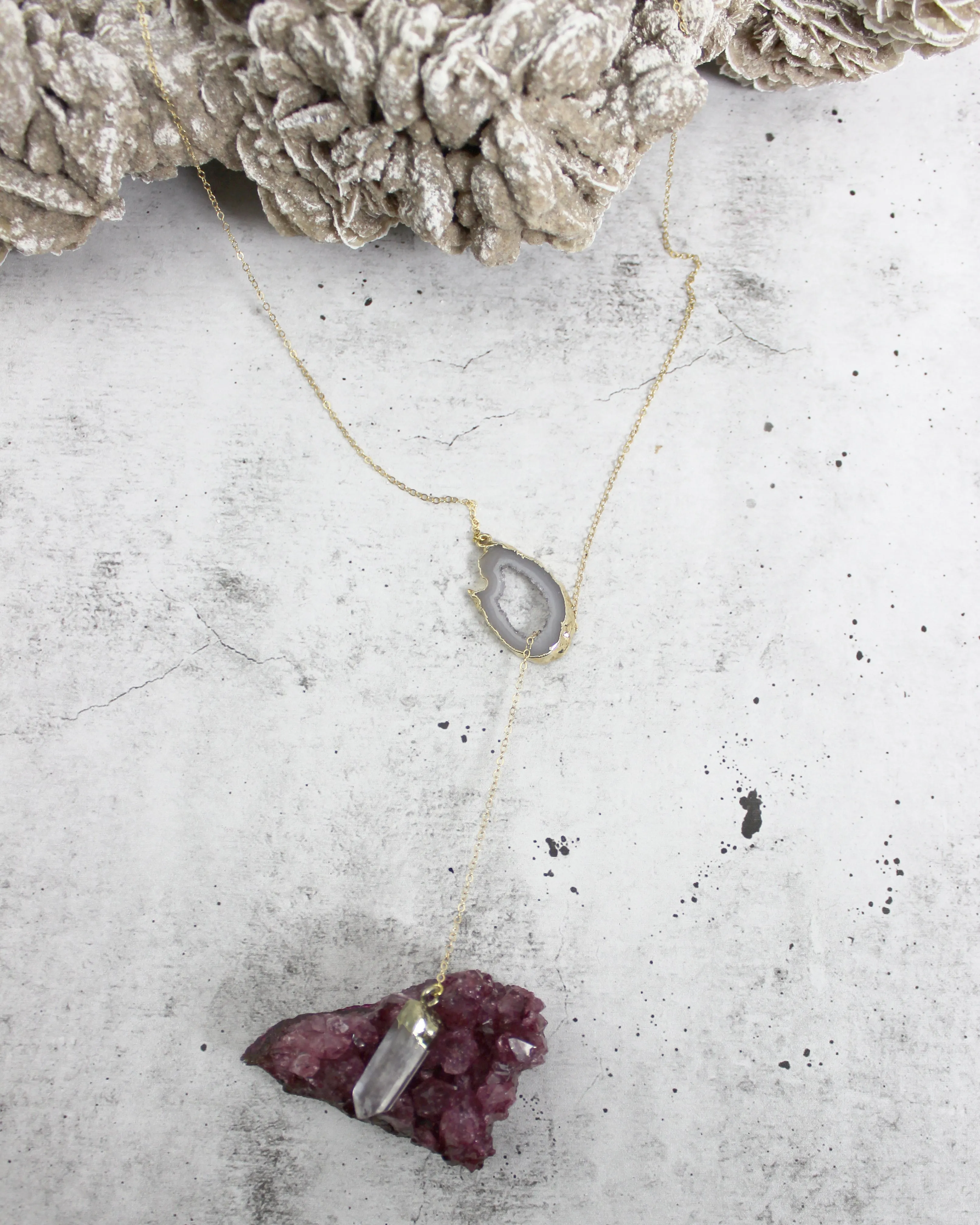 Crystal Clear // Gold Lariat Necklace w Clear Quartz Druzy, Crystal Point, Boho Jewelry // BH-N007-G
