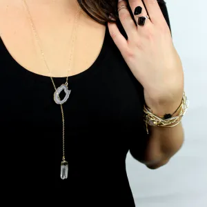 Crystal Clear // Gold Lariat Necklace w Clear Quartz Druzy, Crystal Point, Boho Jewelry // BH-N007-G