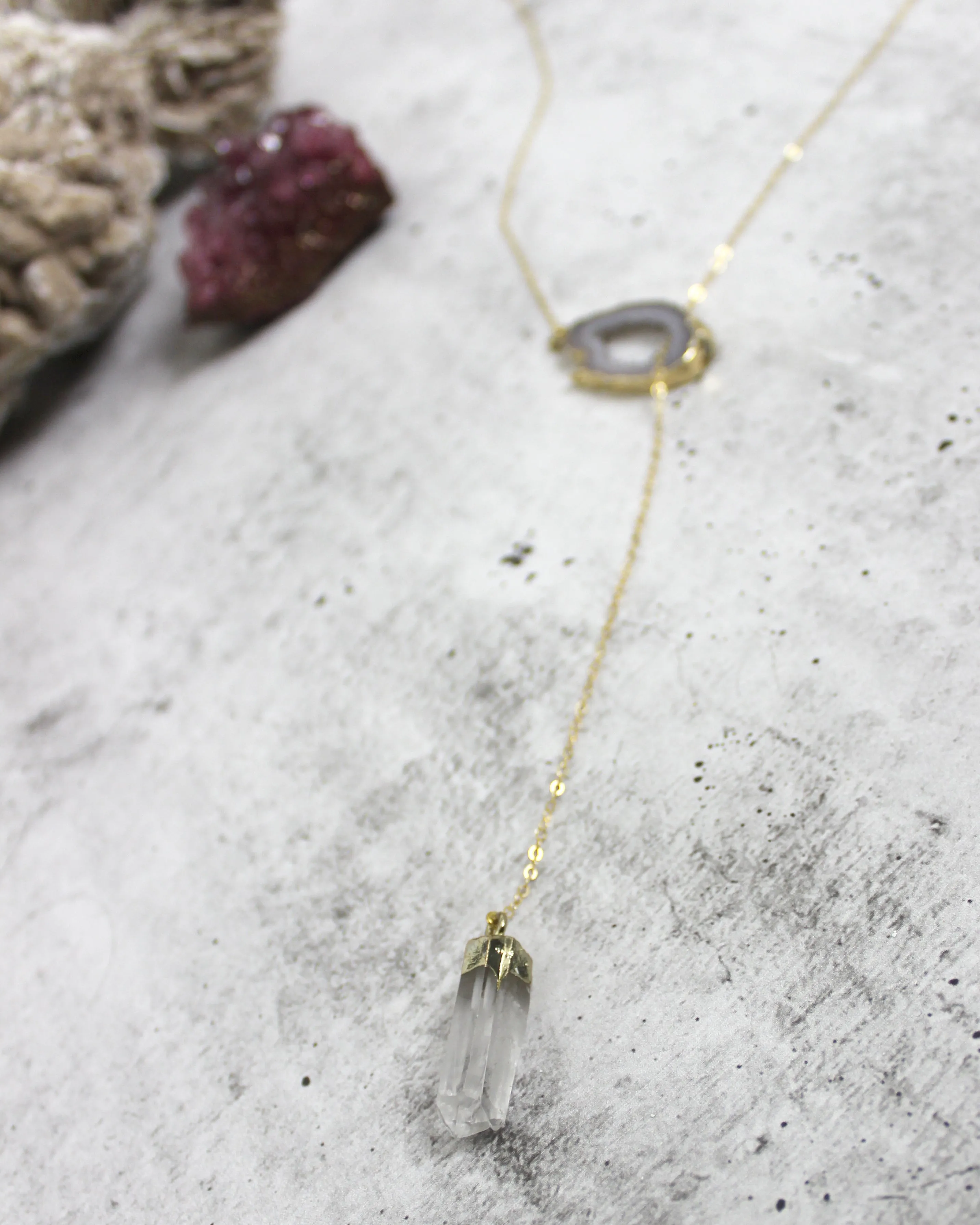 Crystal Clear // Gold Lariat Necklace w Clear Quartz Druzy, Crystal Point, Boho Jewelry // BH-N007-G