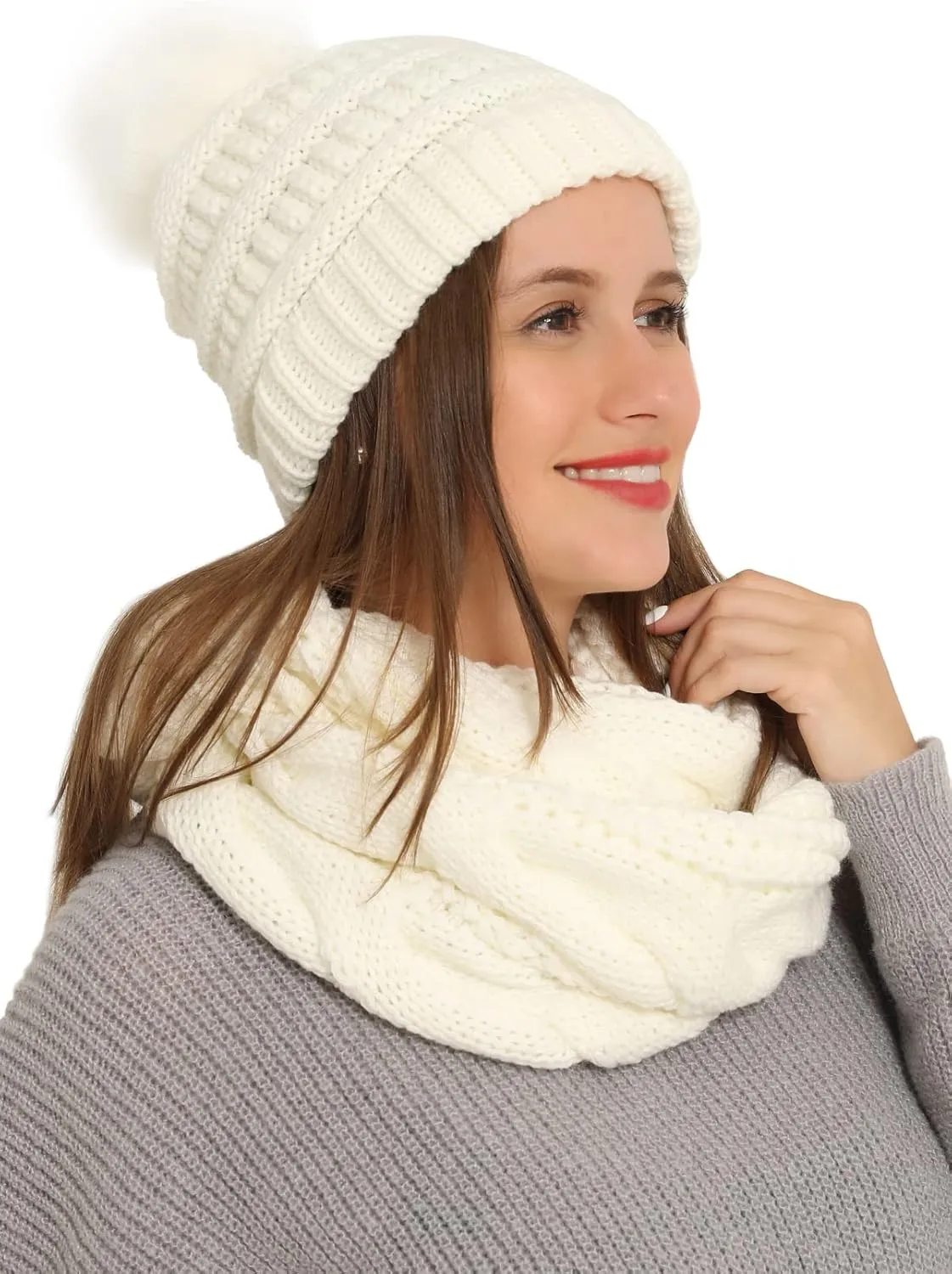 Double Couple Winter Scarf and Hat Set for Women Thick Cable Knitted Circle Loop Infinity Scarfs and Warm Beanie Hat