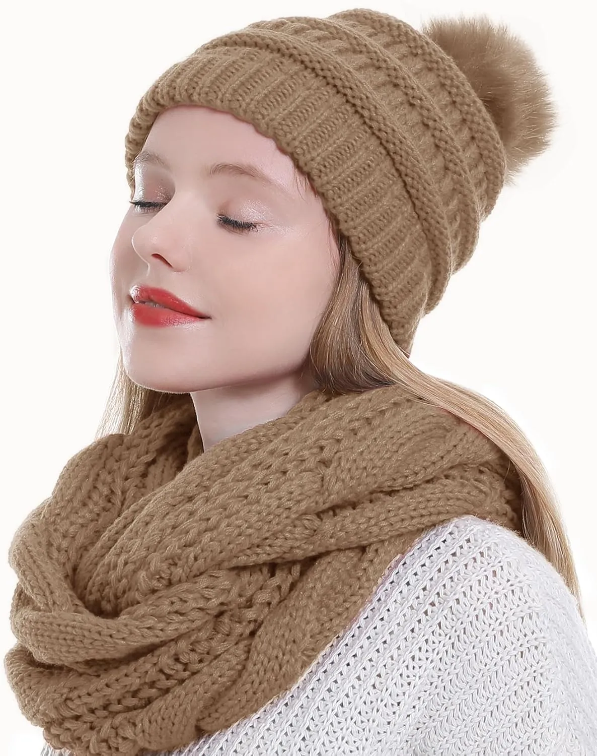 Double Couple Winter Scarf and Hat Set for Women Thick Cable Knitted Circle Loop Infinity Scarfs and Warm Beanie Hat
