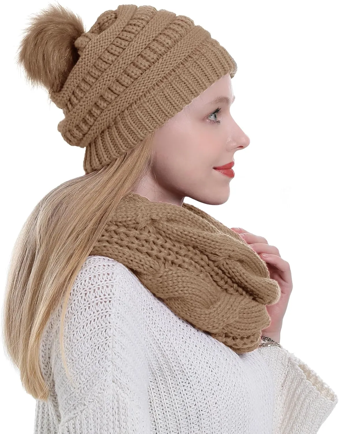 Double Couple Winter Scarf and Hat Set for Women Thick Cable Knitted Circle Loop Infinity Scarfs and Warm Beanie Hat