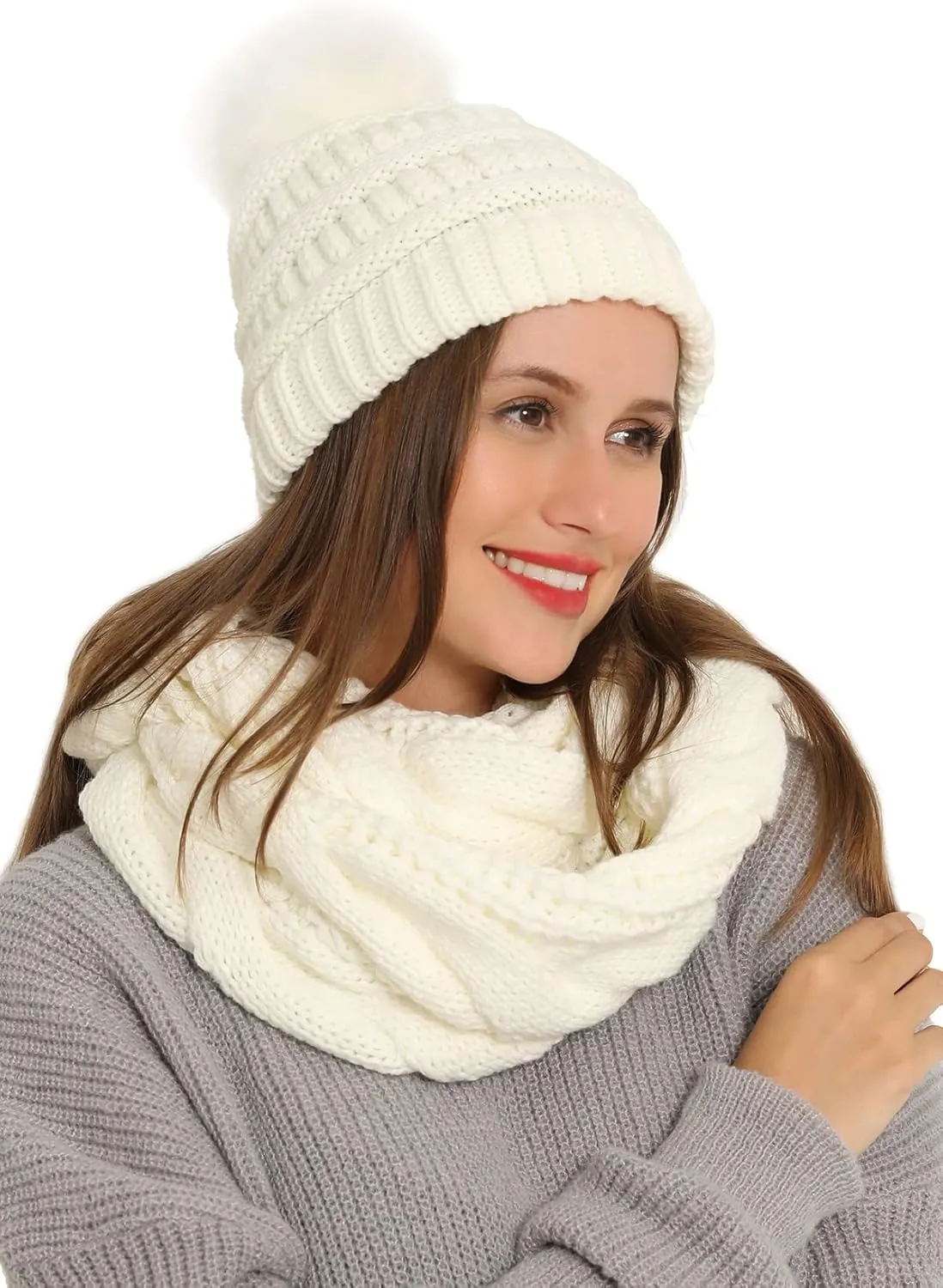 Double Couple Winter Scarf and Hat Set for Women Thick Cable Knitted Circle Loop Infinity Scarfs and Warm Beanie Hat