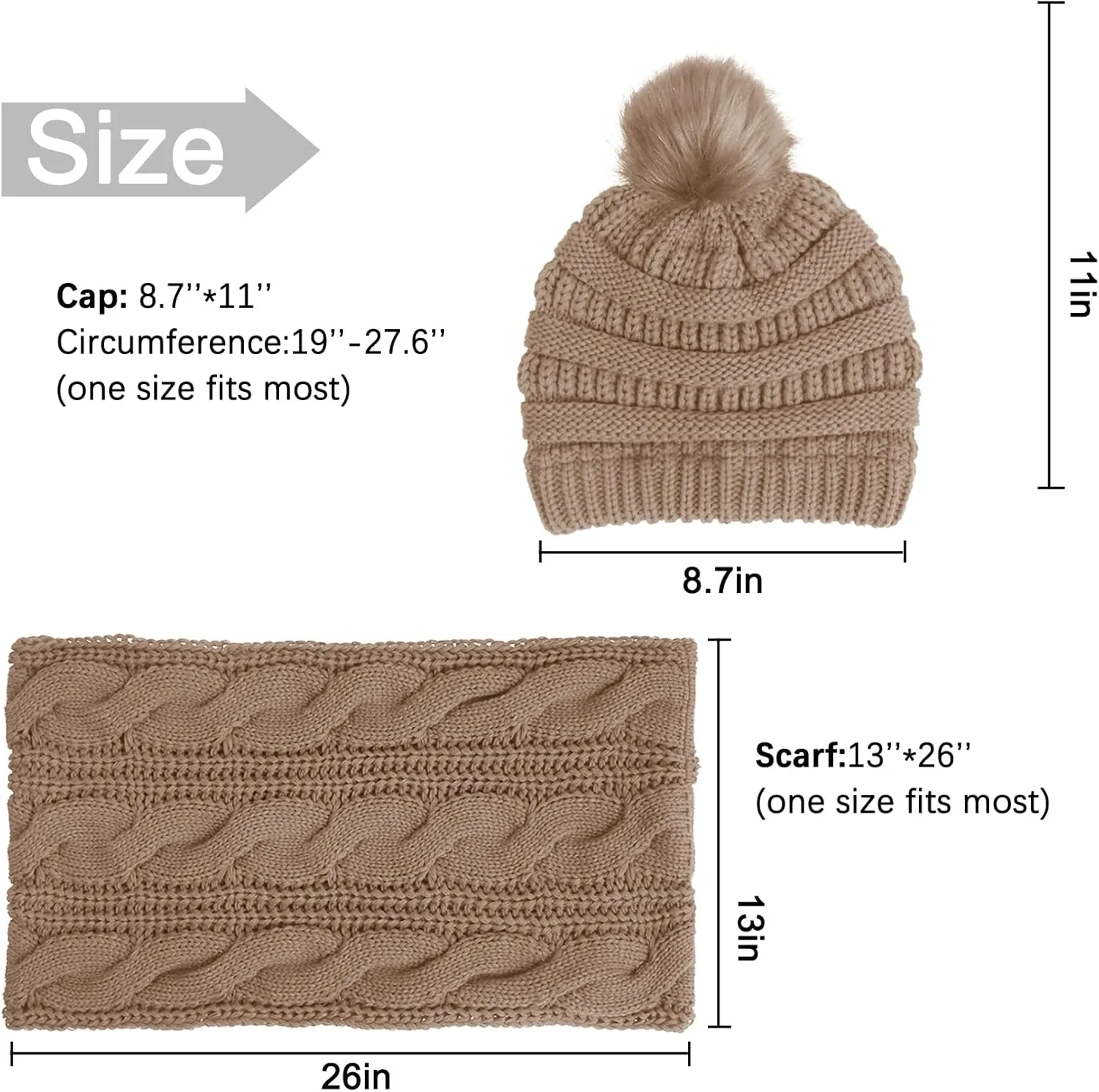 Double Couple Winter Scarf and Hat Set for Women Thick Cable Knitted Circle Loop Infinity Scarfs and Warm Beanie Hat