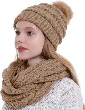 Double Couple Winter Scarf and Hat Set for Women Thick Cable Knitted Circle Loop Infinity Scarfs and Warm Beanie Hat